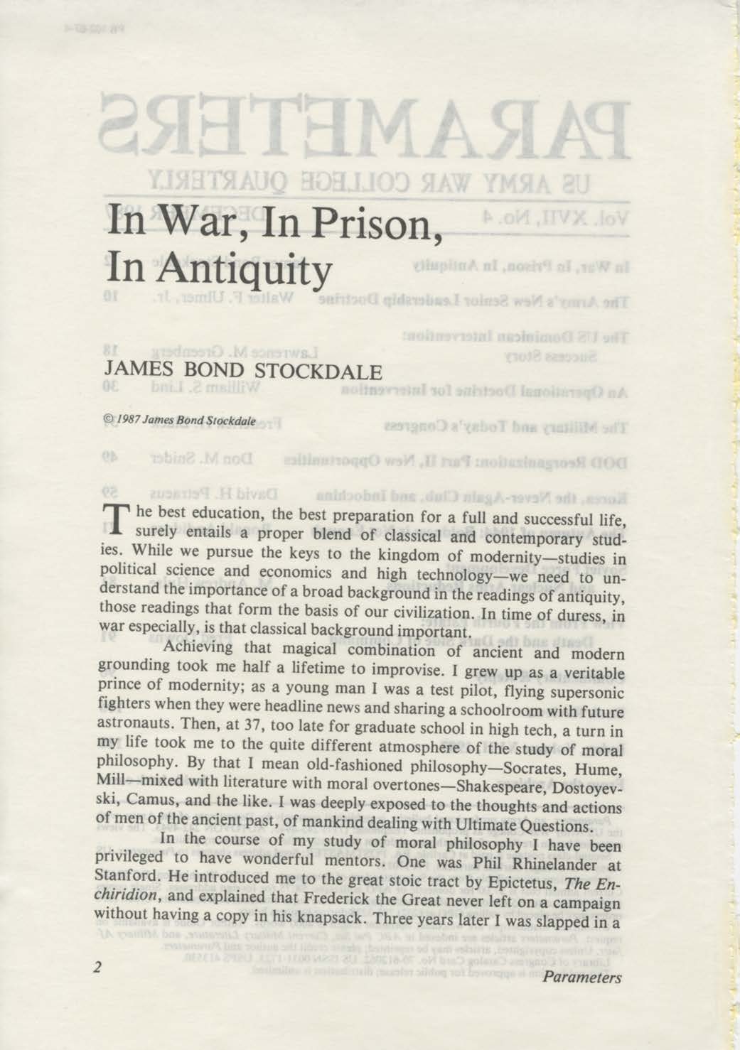 &quot;In War, In Prison, In Antiquity,&quot; by James B. Stockdale