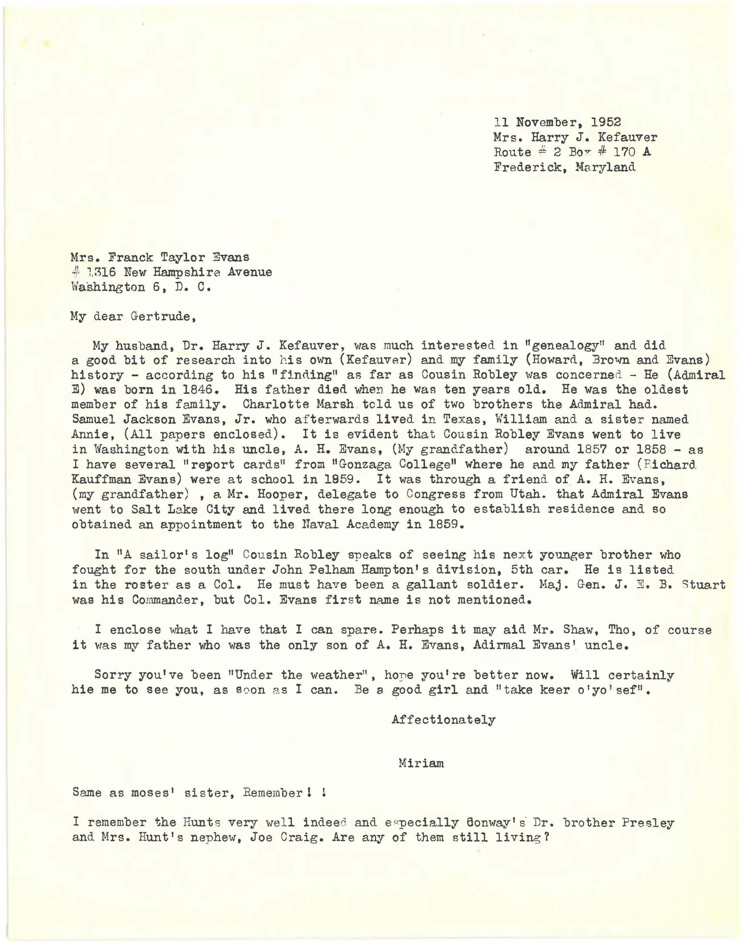 Miriam Kefauver letter to Gertrude Evans