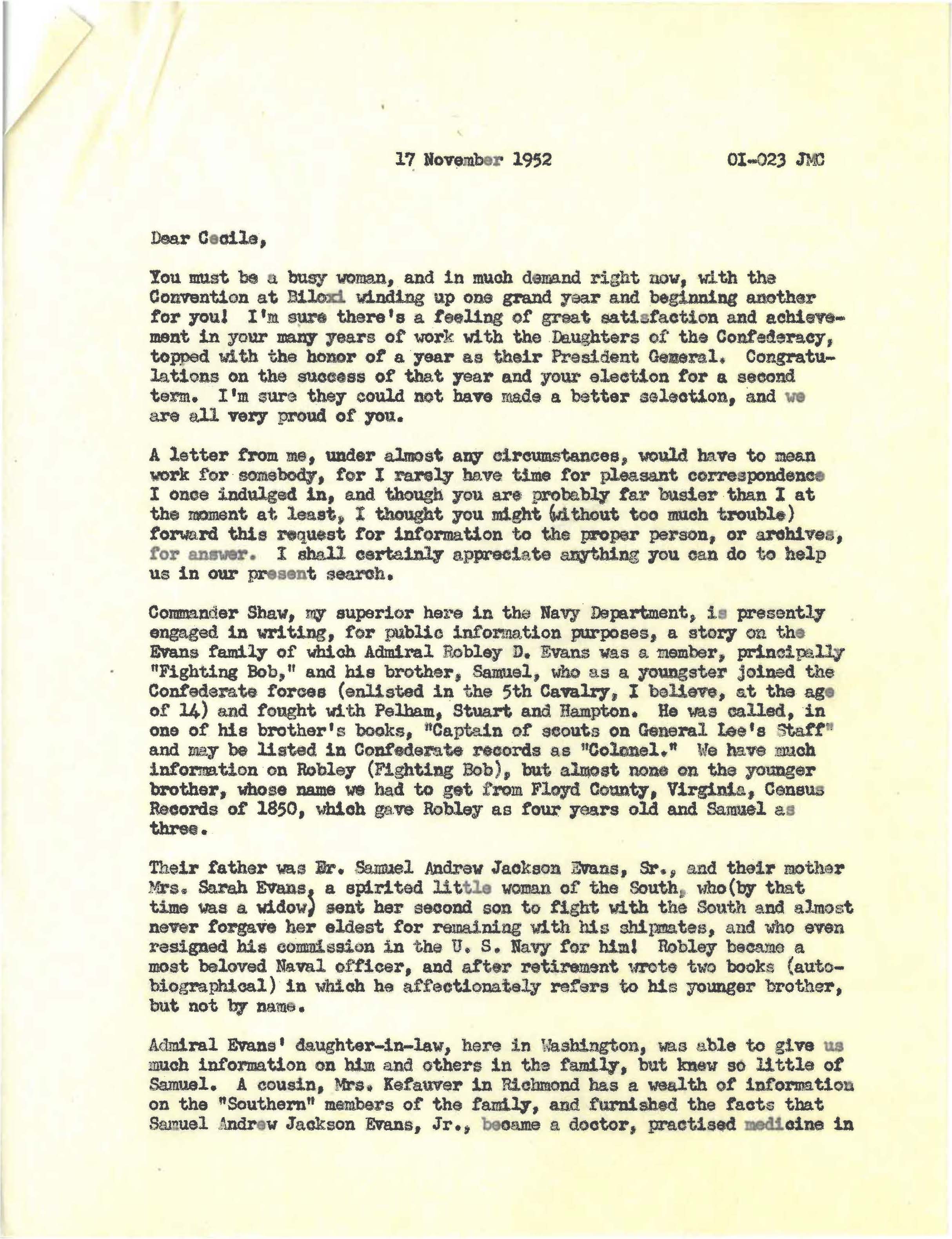 Josephine M. Crawford letter to Mrs. Glenn Long