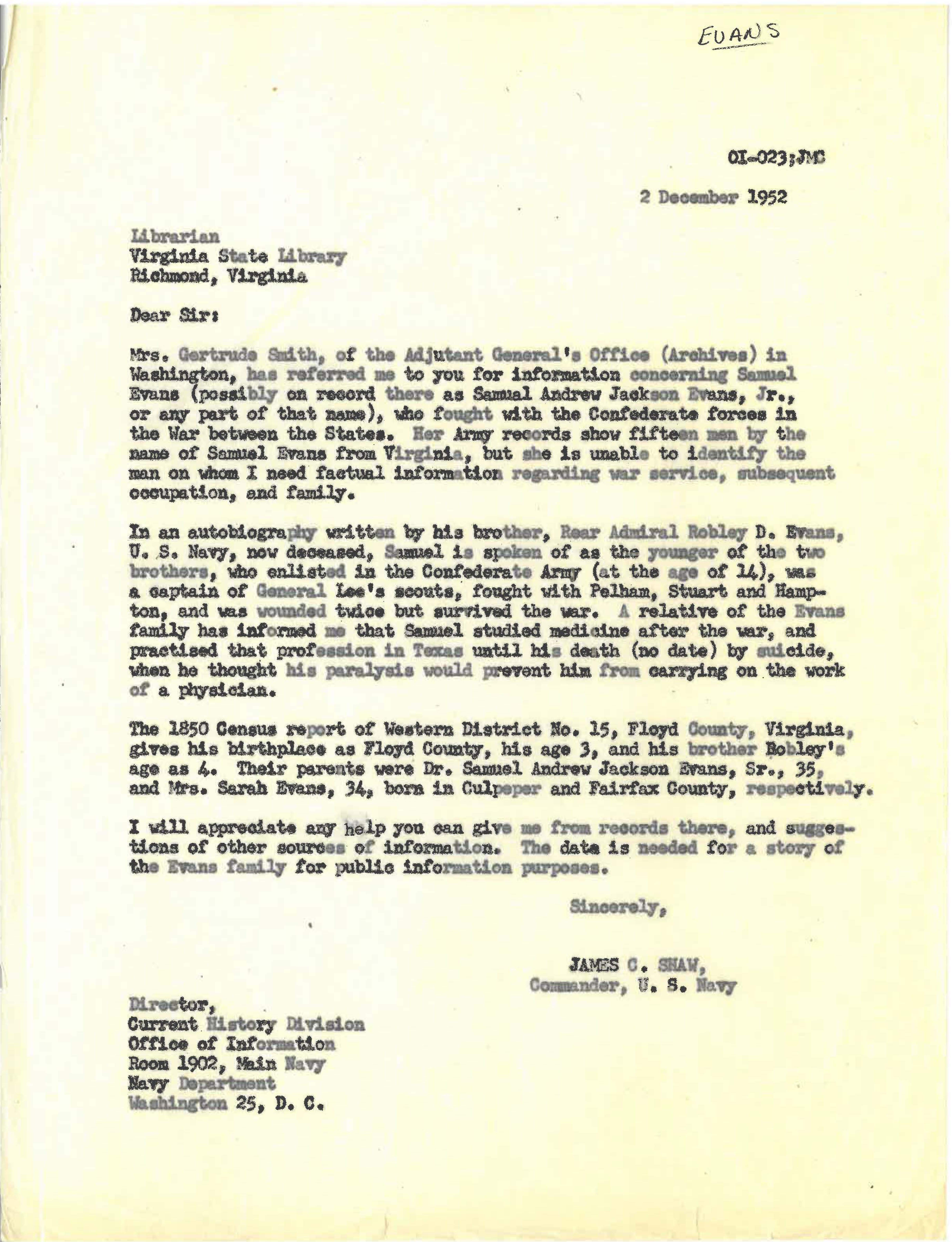 Shaw letter to Virginia State Library