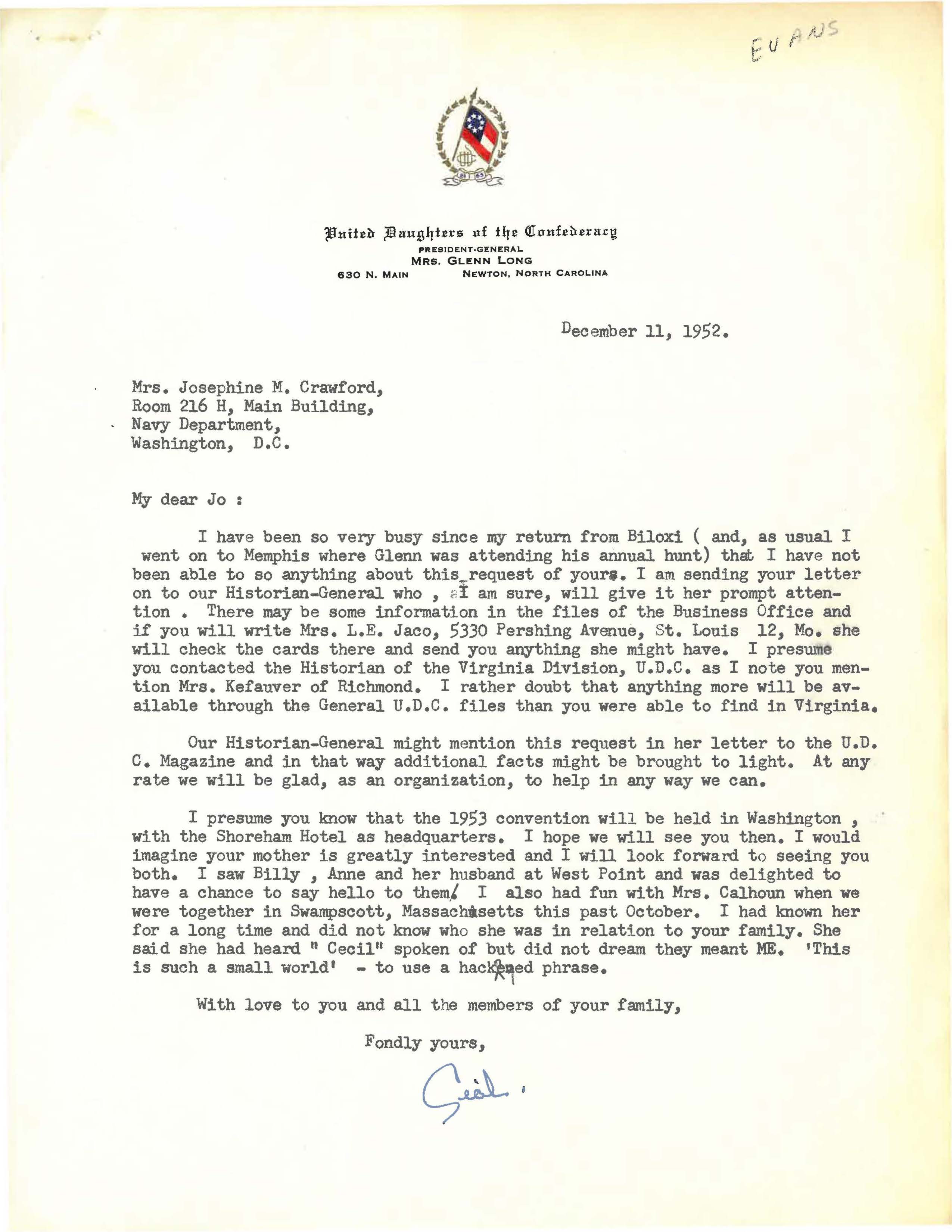 Mrs. Glenn Long letter to Josephine M. Crawford