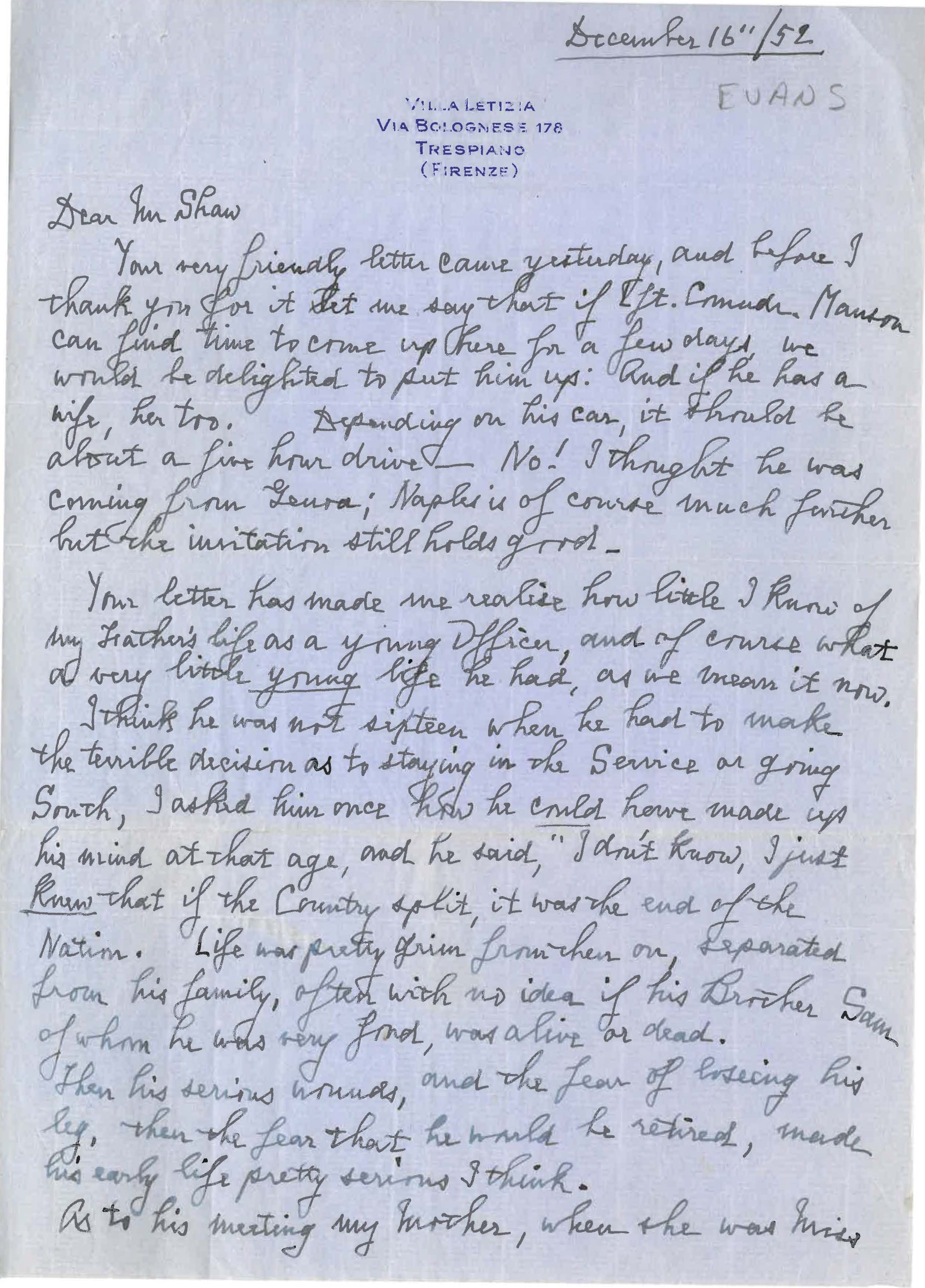 Letter from Charlotte Evans Isherwood to Shaw