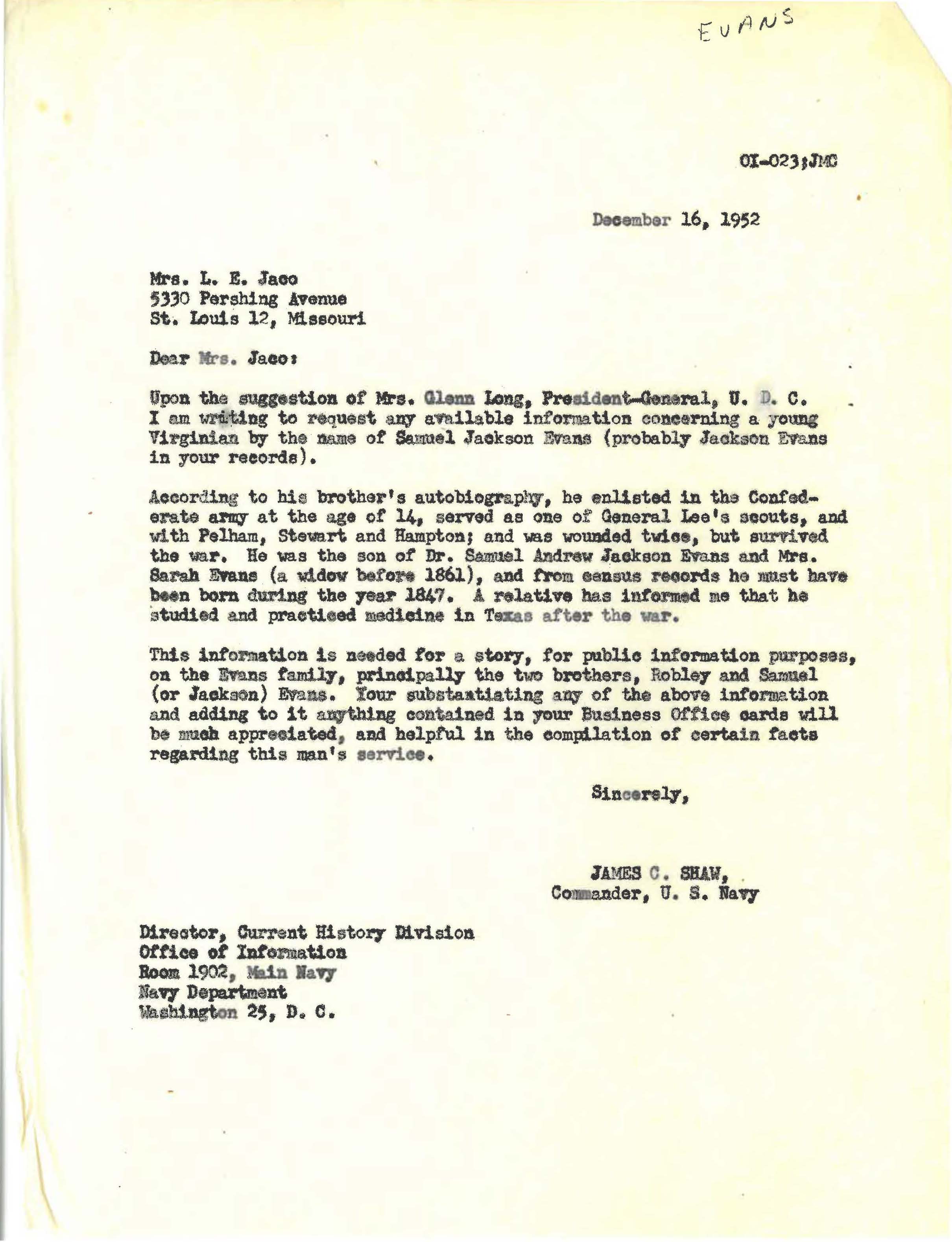 Shaw letter to Mrs. L.E. Jaco