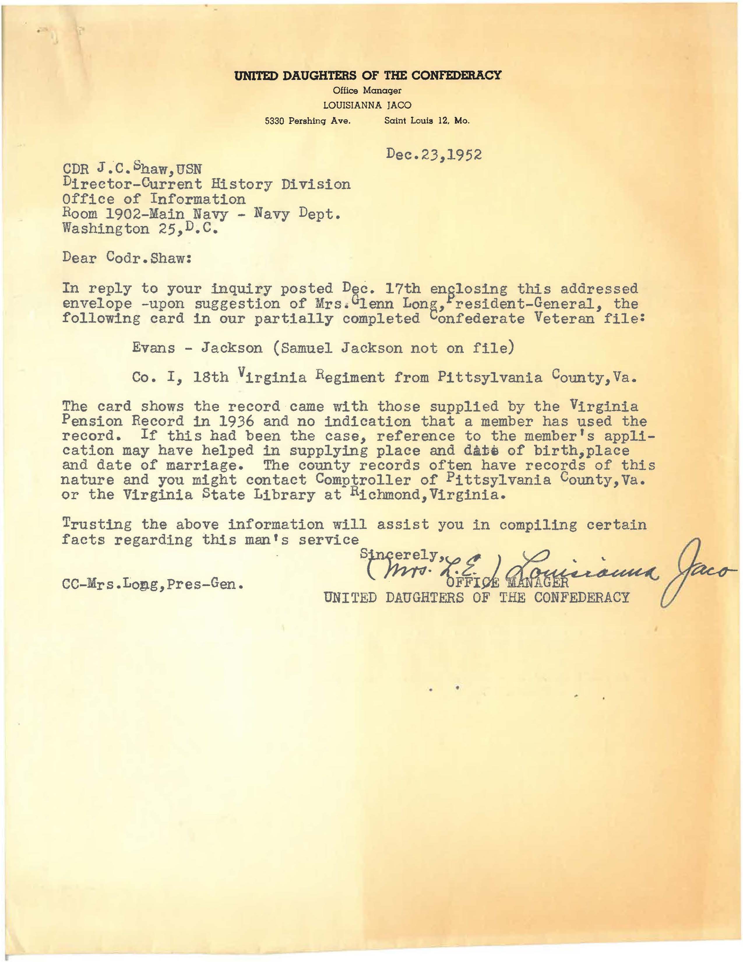 Letter from Mrs. L.E. Jaco to Shaw