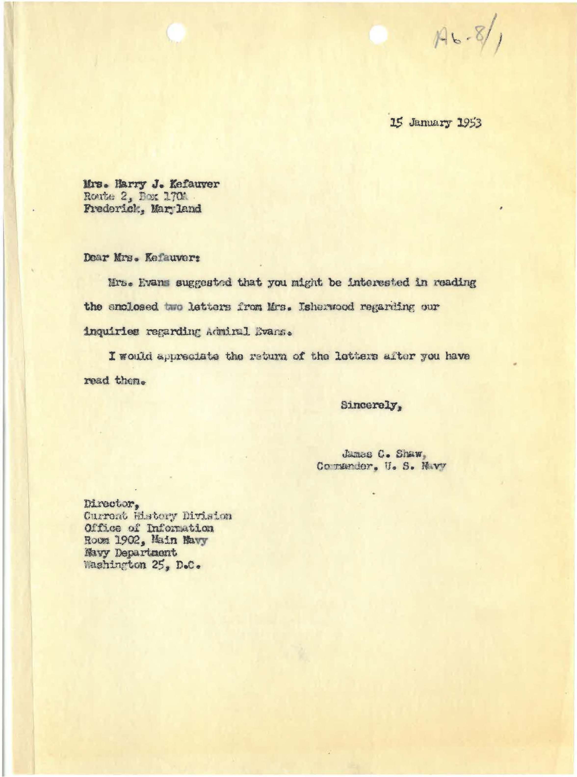 Shaw letter to Miriam Evans Kefauver