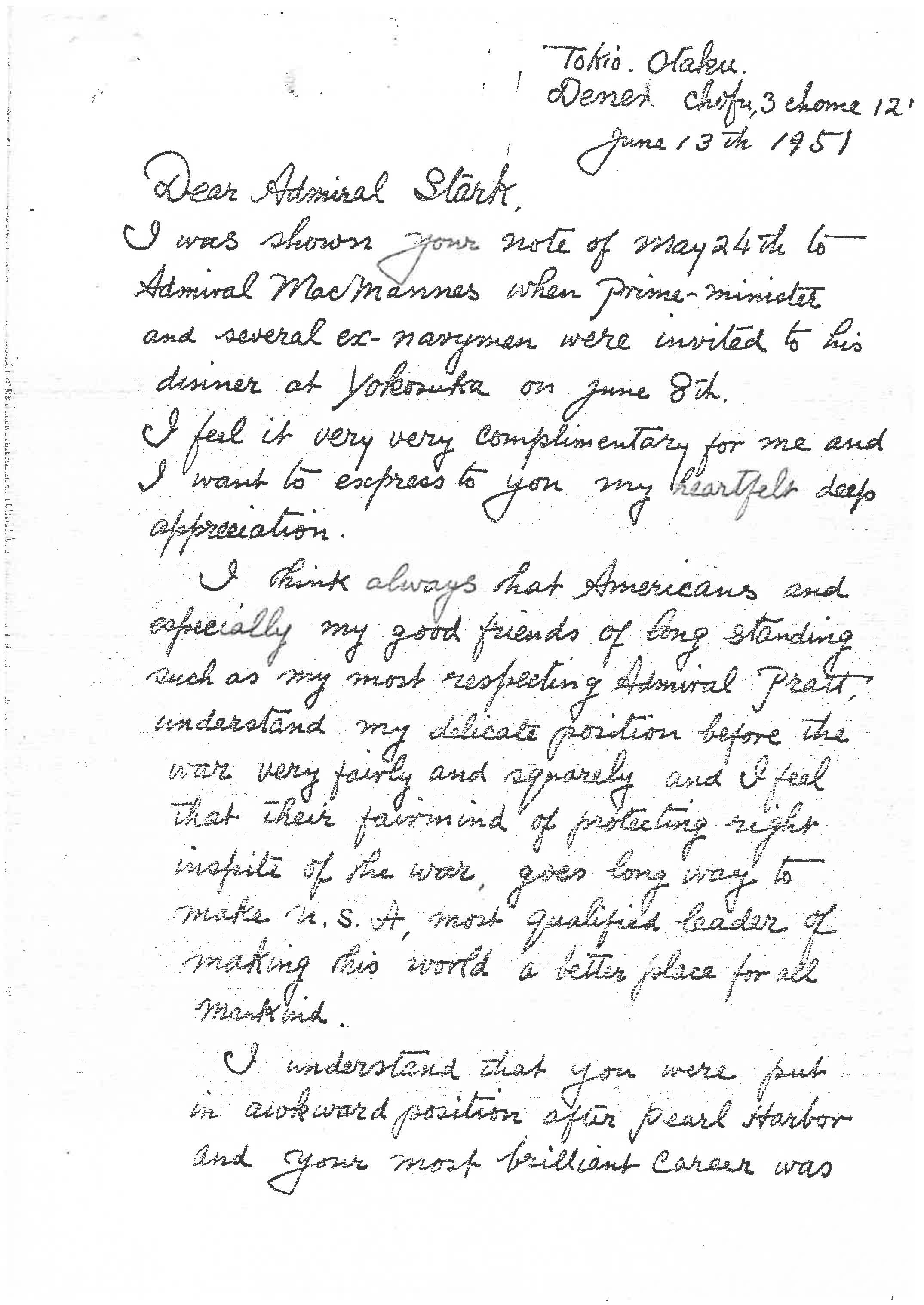 Photocopies of letters sent to Admiral Harold Stark from Kichisaburo Nomura