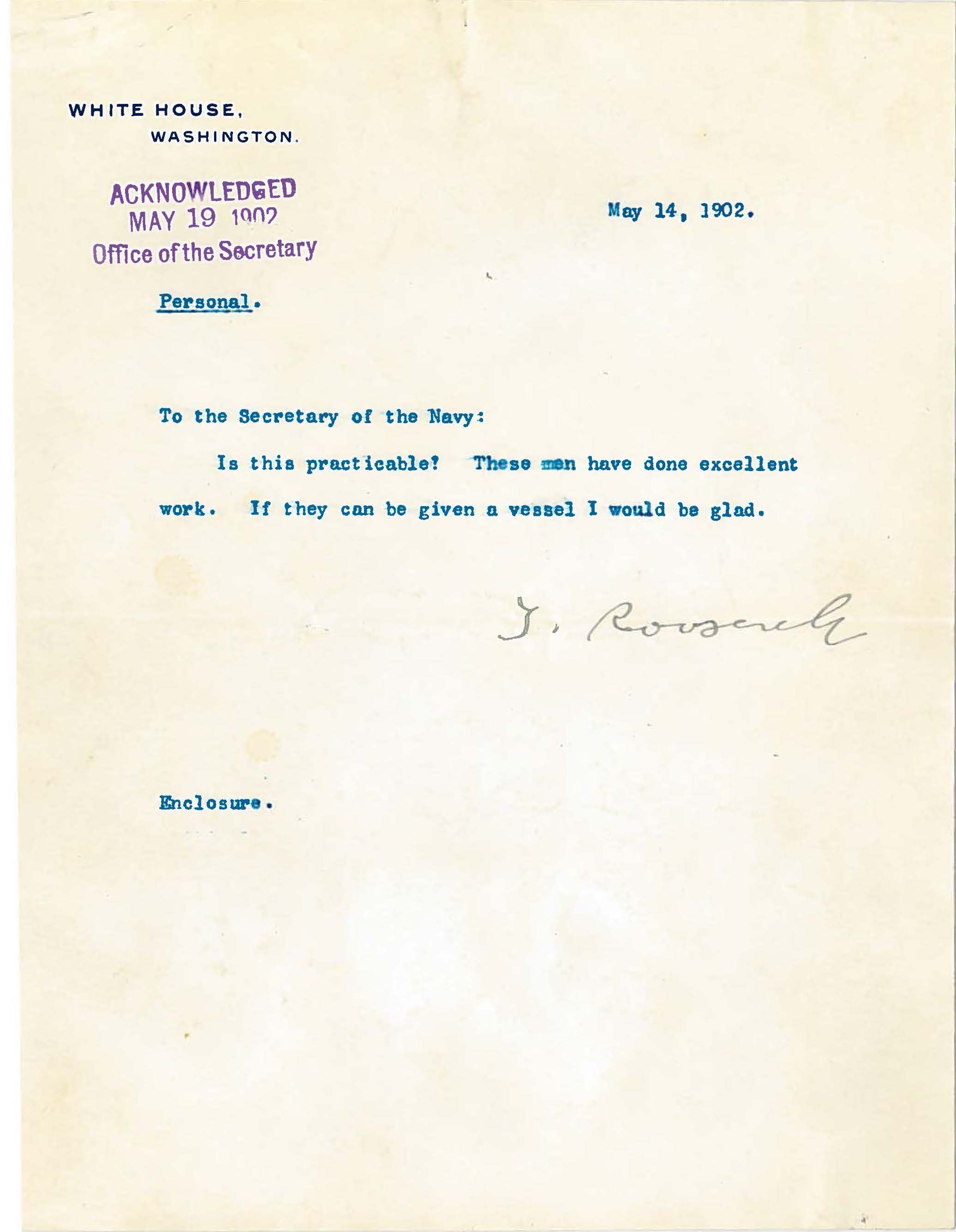 Theodore Roosevelt letter to SENAV William Moody