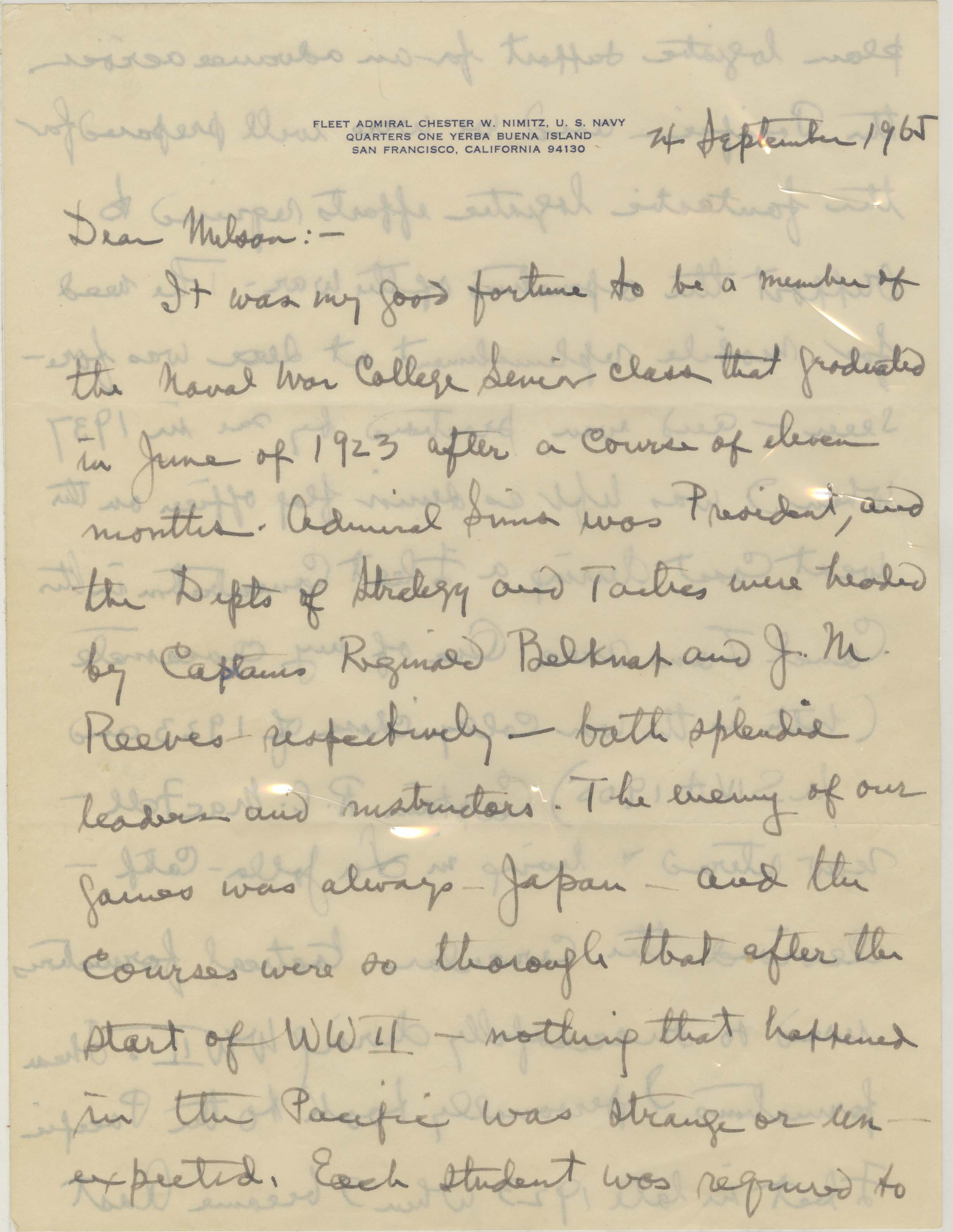 Chester W. Nimitz letter to PNWC, ADM Melson
