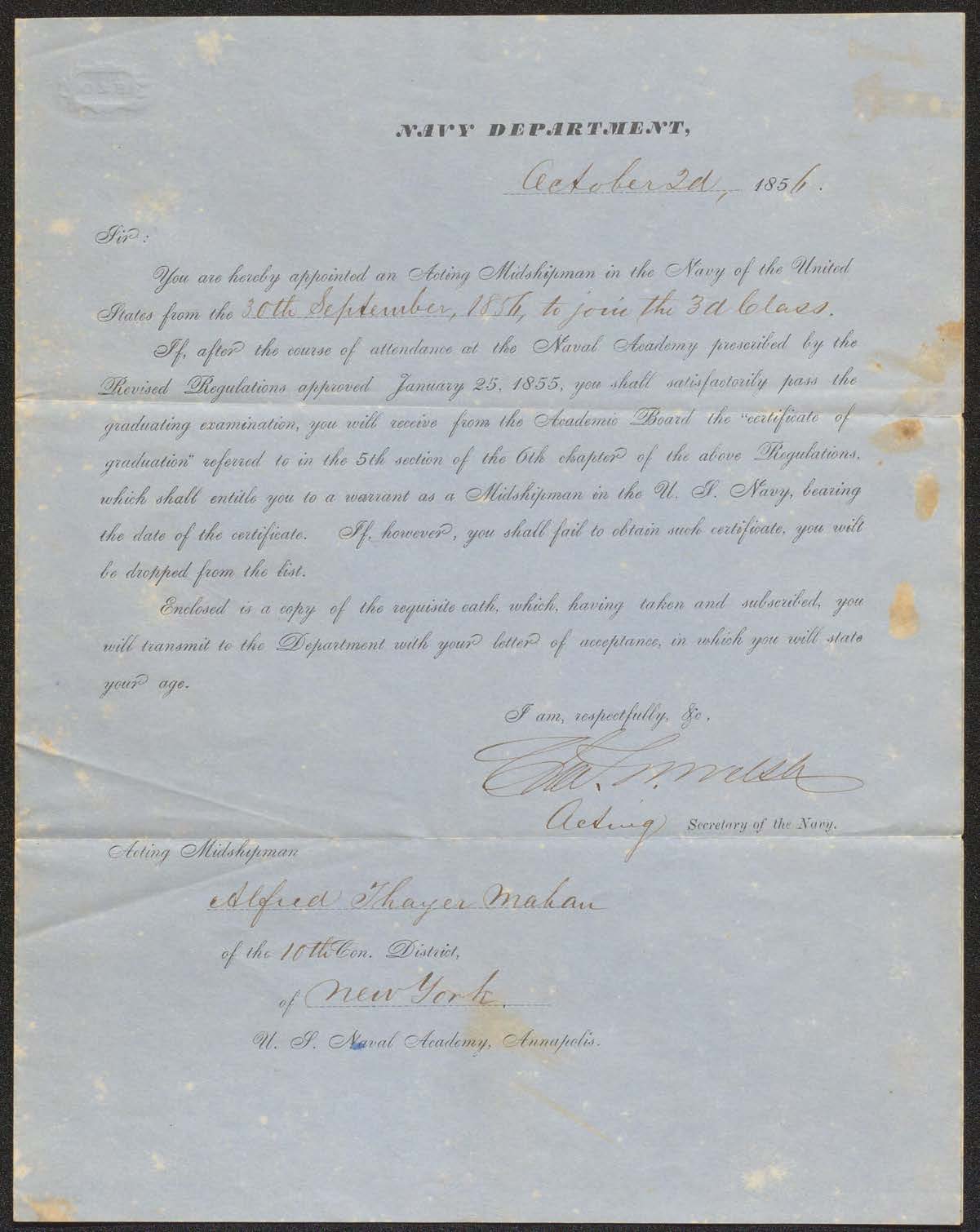 Alfred T. Mahan commission to Midshipman