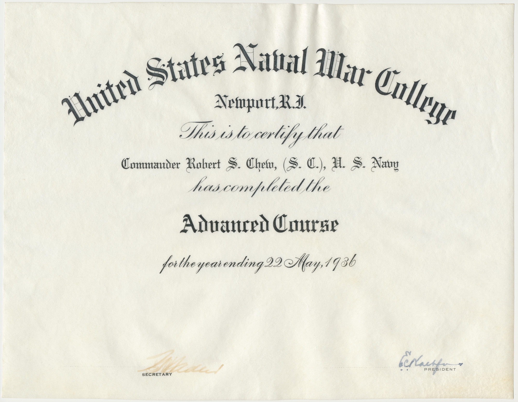 Robert S. Chew diploma for NWC Advanced Course