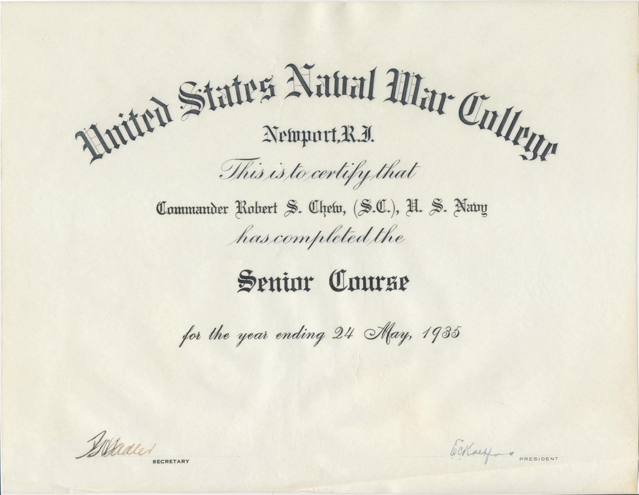 Robert S. Chew diploma for NWC Senior Course
