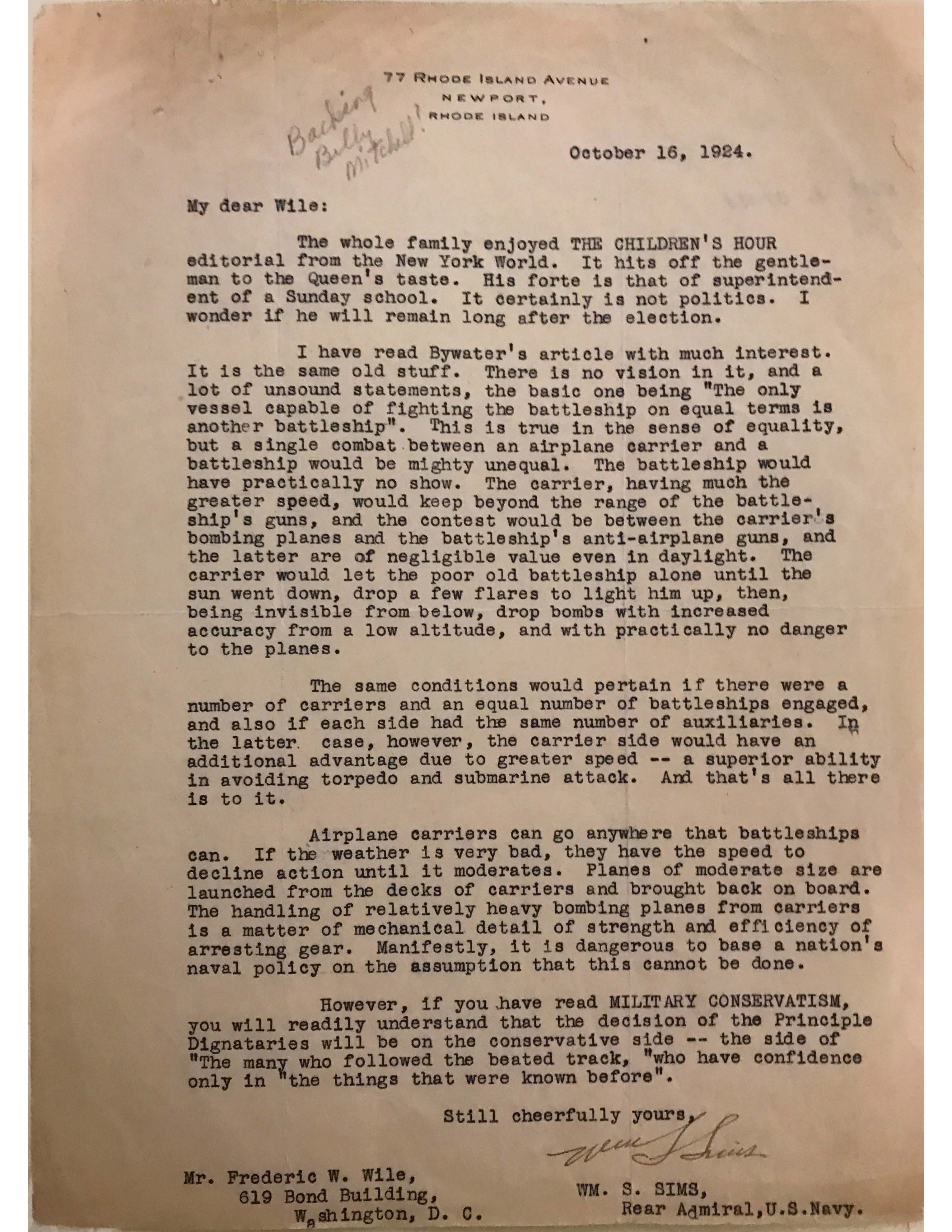 William S. Sims letter to Frederick Wile