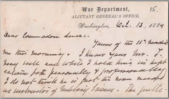 Postcard, Army Adjutant General’s Office to Luce recommending Lieutenant Tasker H. Bliss as instructor of military science