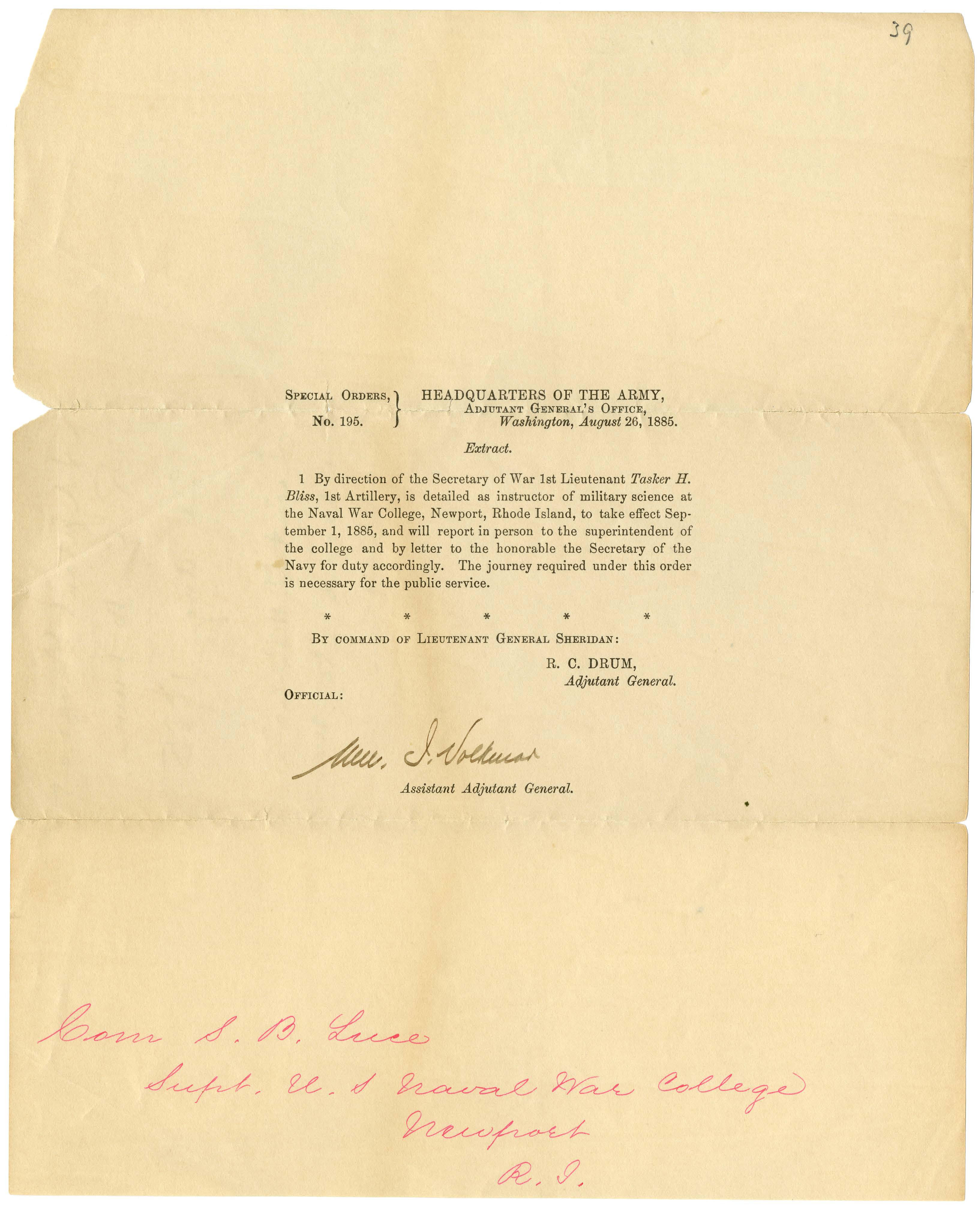 Special Order No. 195: Appointment of Army 1st Lieutenant Taker H. Bliss as instructor of military science at NWC