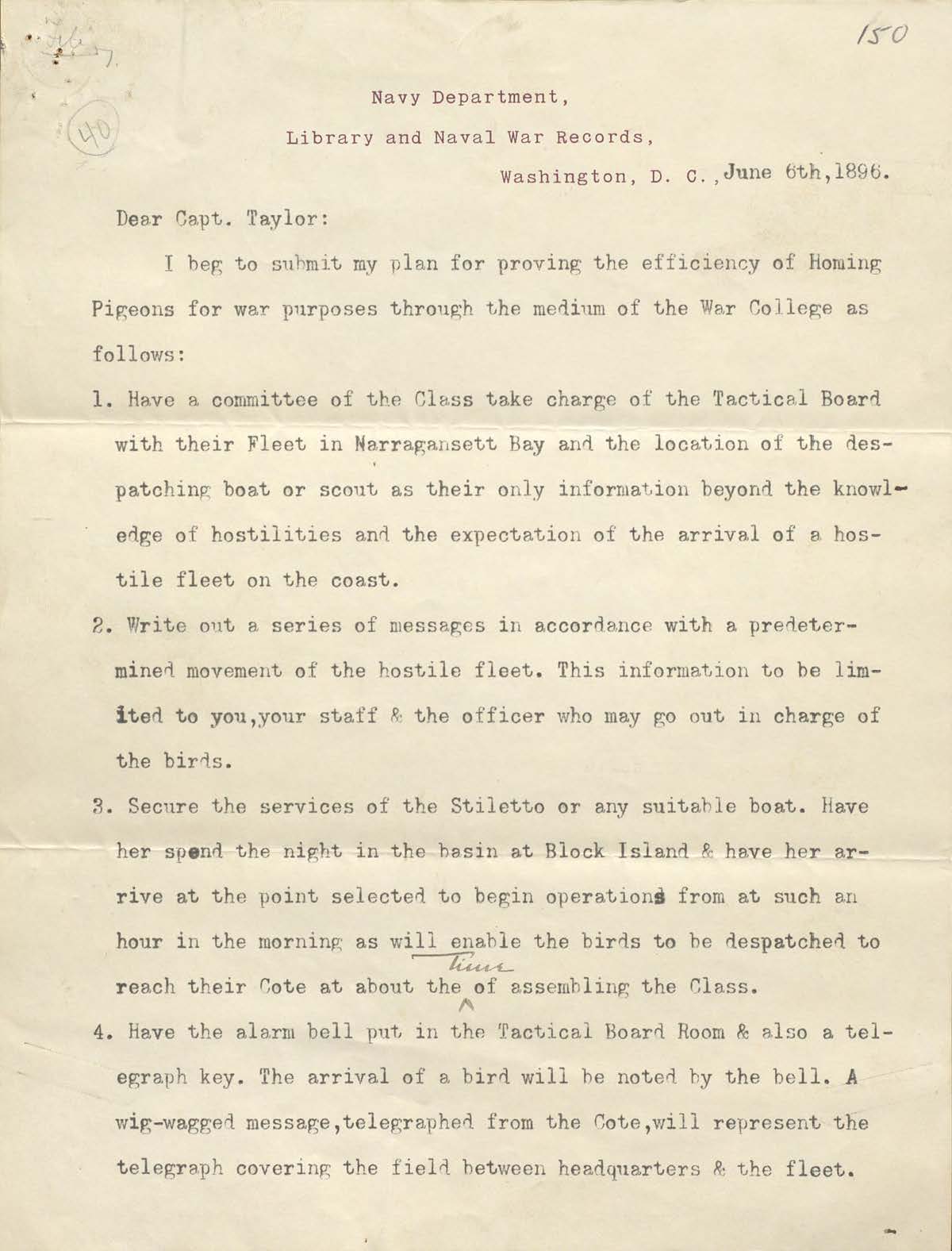Letter from C. H. Harlow to H.C. Taylor proposing a NWC homing pigeon service