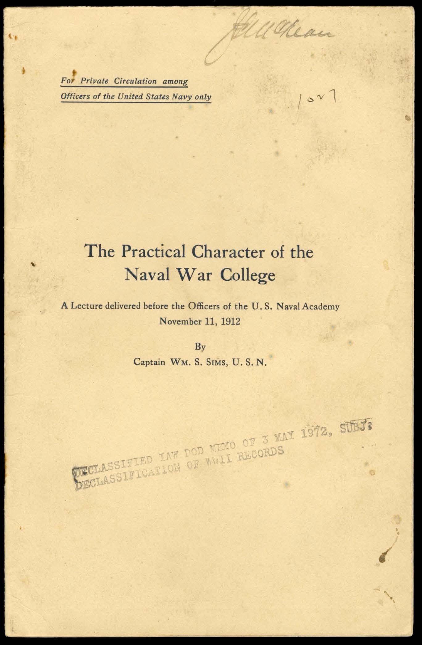 Practical Character of the Naval War College, William S. Sims