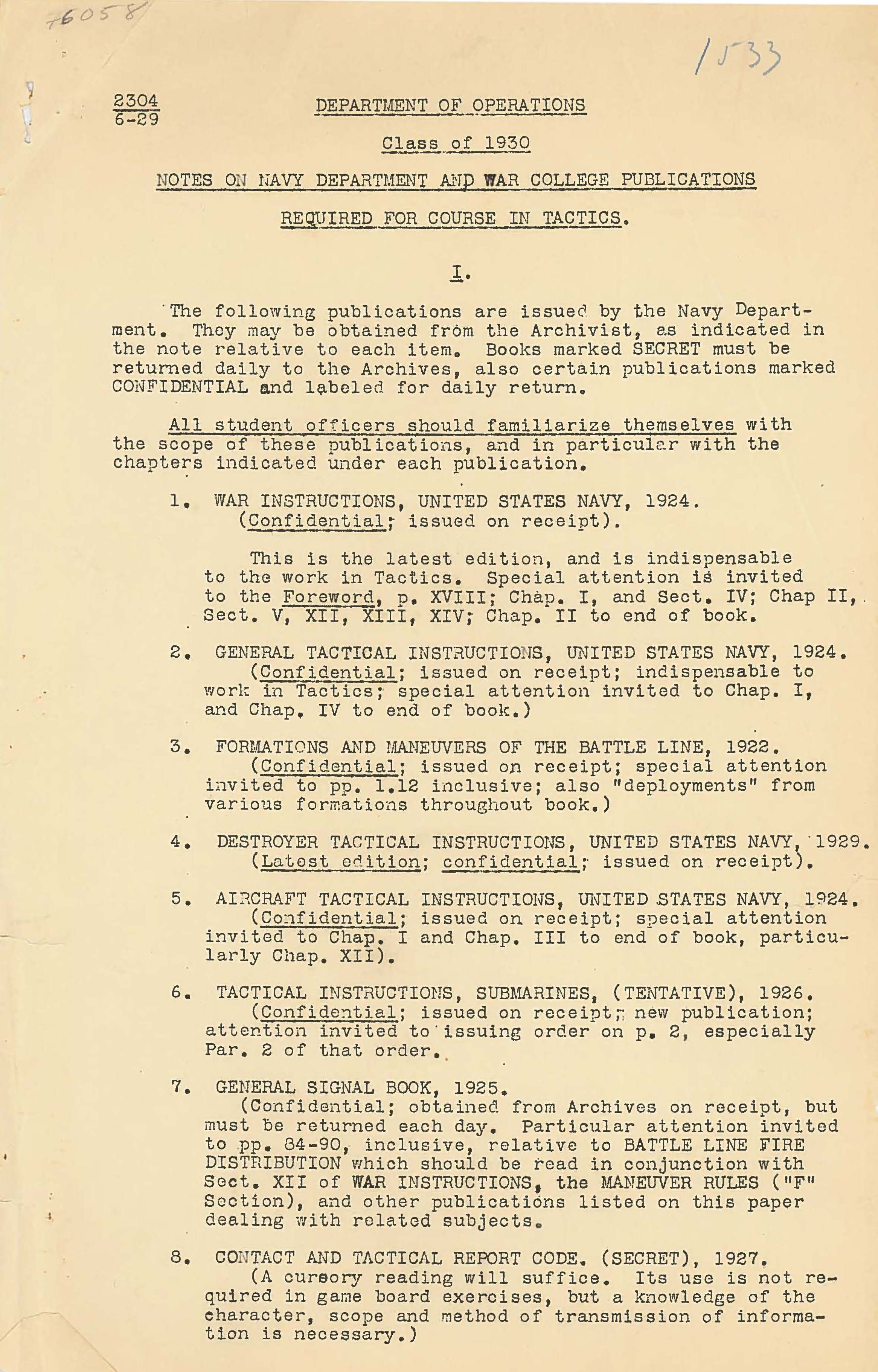 Notes on Navy Dept and War College Publications Required for Course in Tactics, Class of 1930
