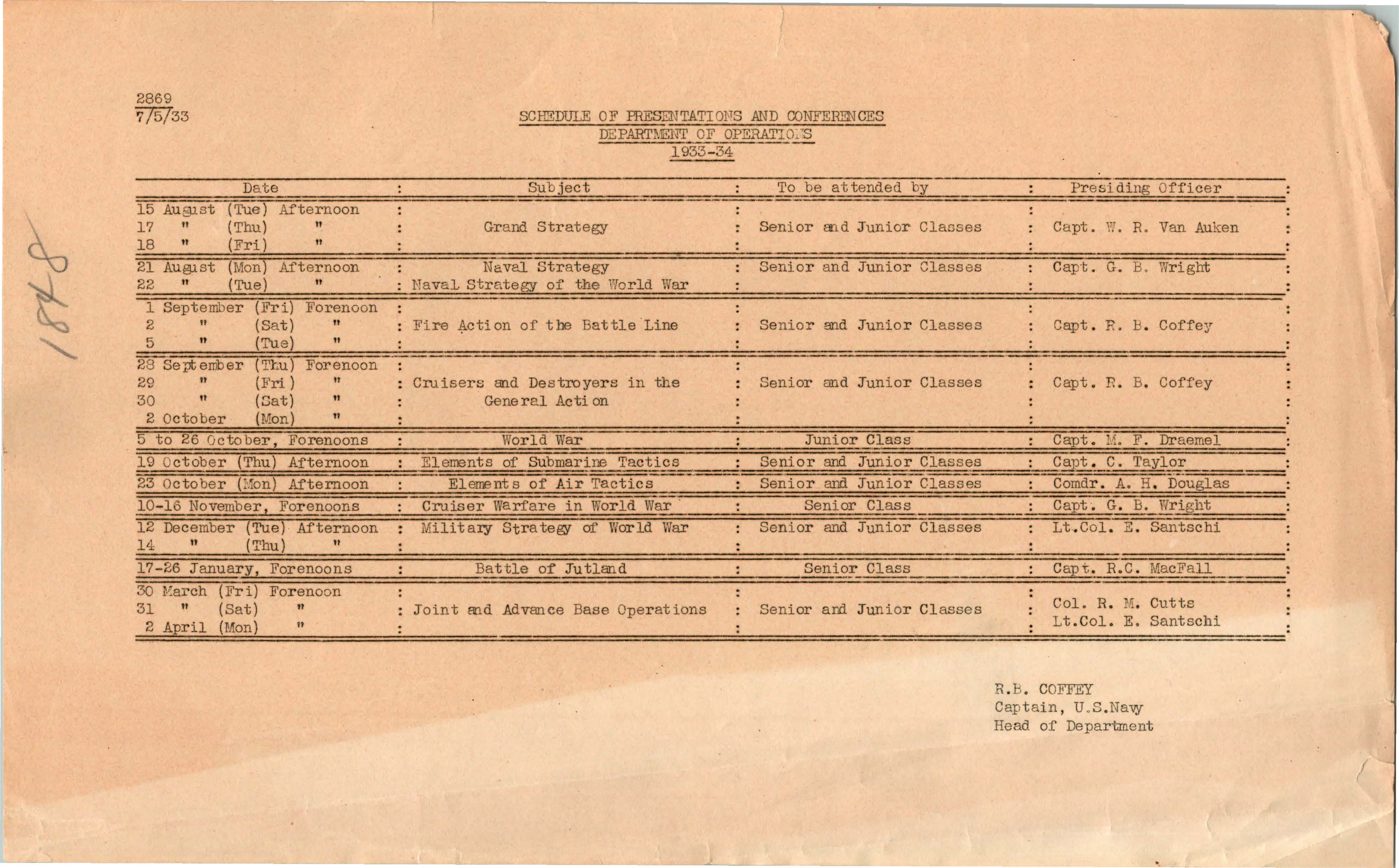 Schedule of Presentations and Conferences, 1933-1934
