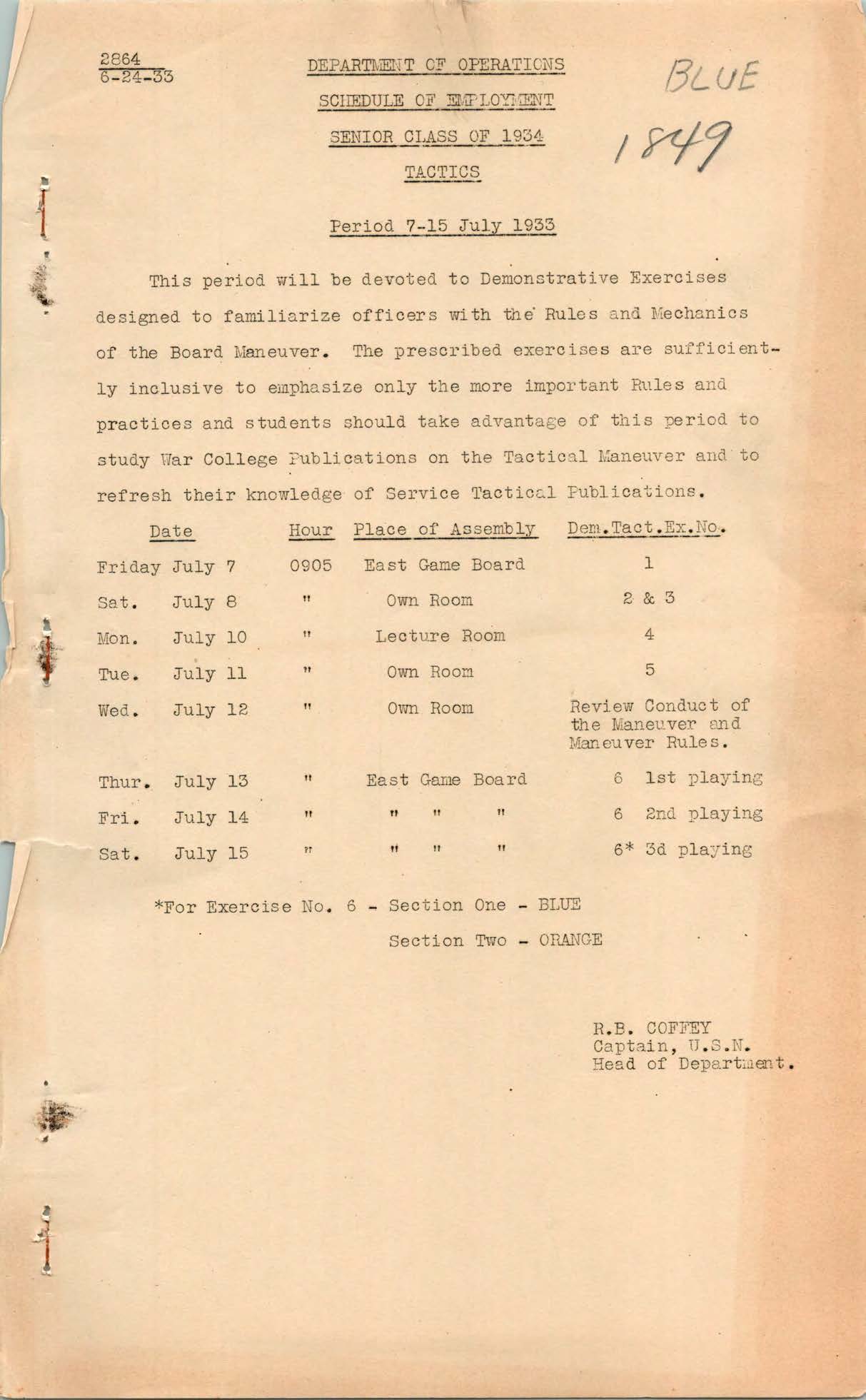 Schedule of Employment, Tactics, Senior Class of 1934
