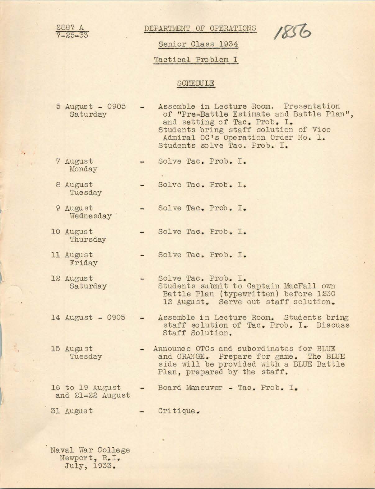 Tactical Problem I: Schedule, Senior Class of 1934