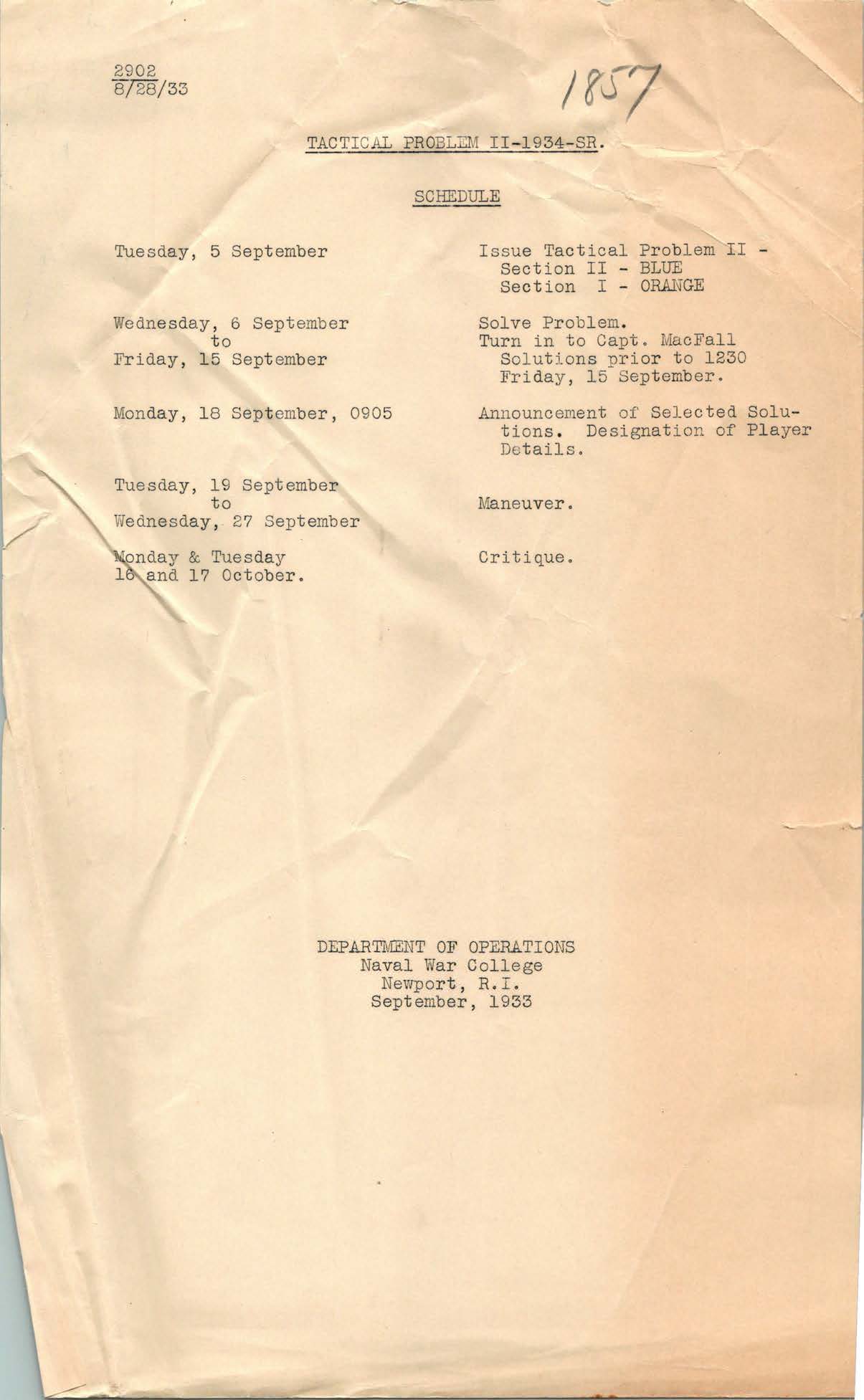 Tactical Problem II: Schedule, Senior Class of 1934