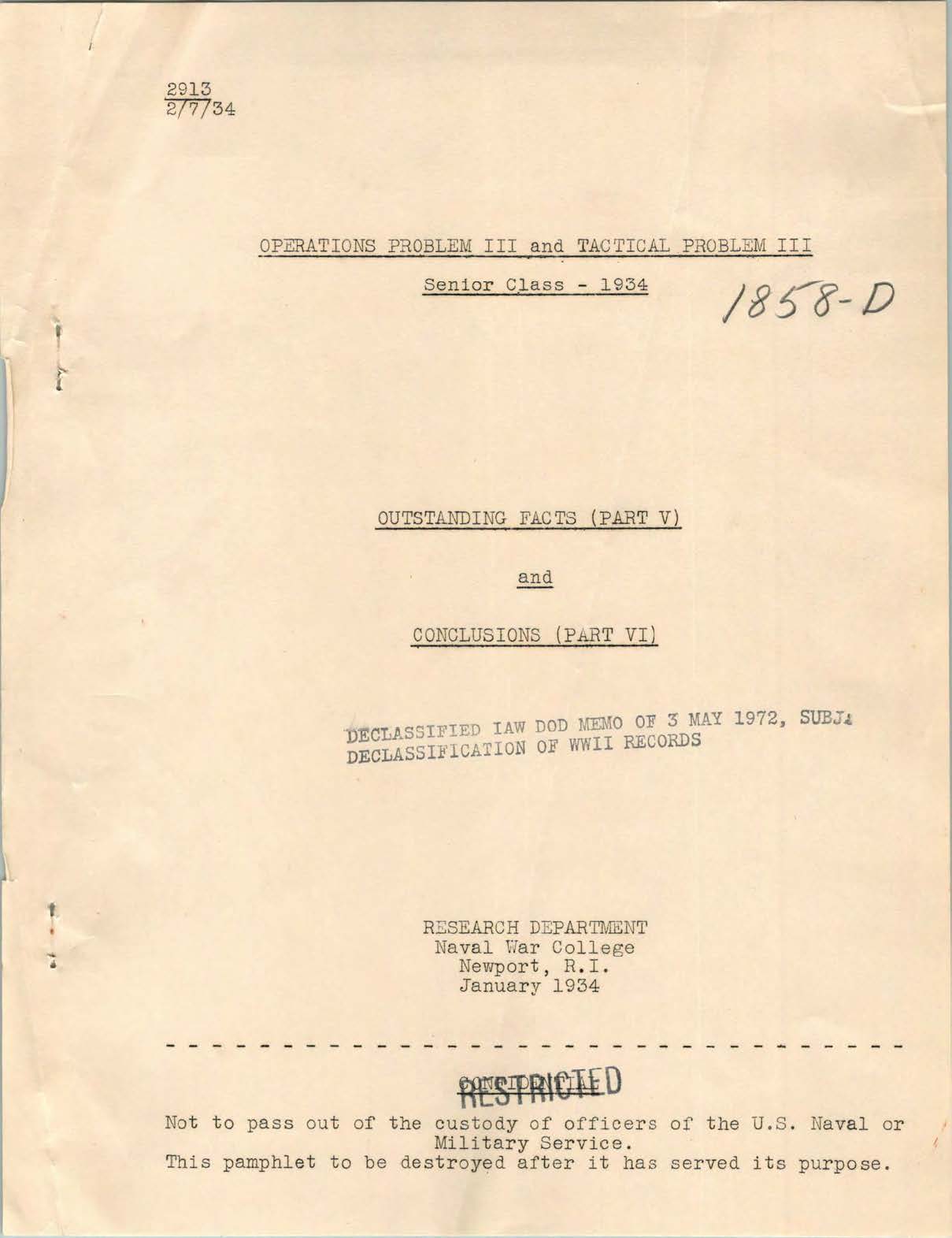 Operations Problem III and Tactical Problem III: Outstanding Facts and Conclusions, Senior Class of 1934