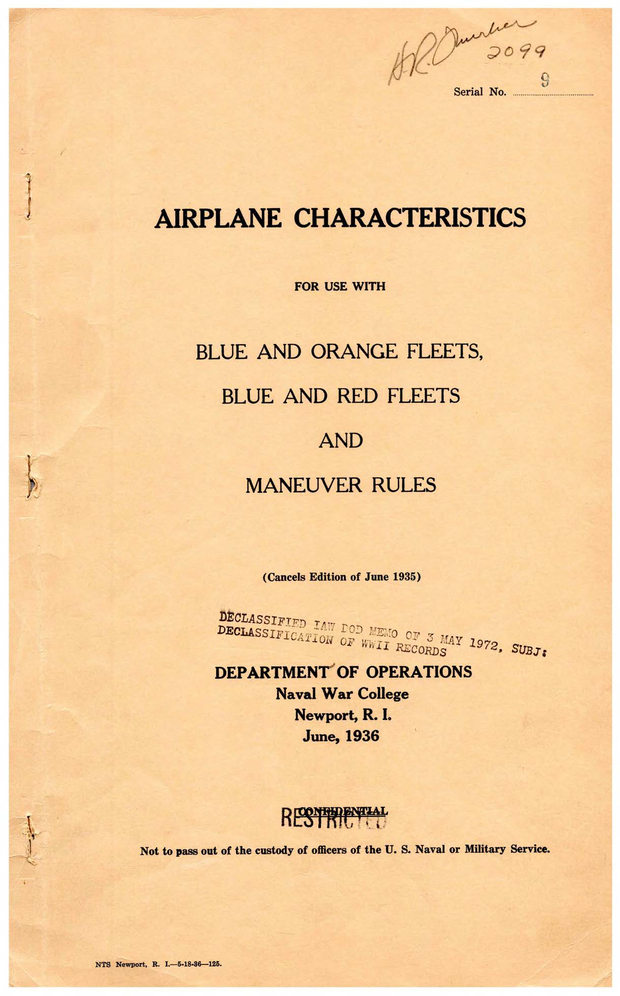 Airplane Characteristics for use with Blue and Orange Fleets, Blue and Red Fleets and Maneuver Rules