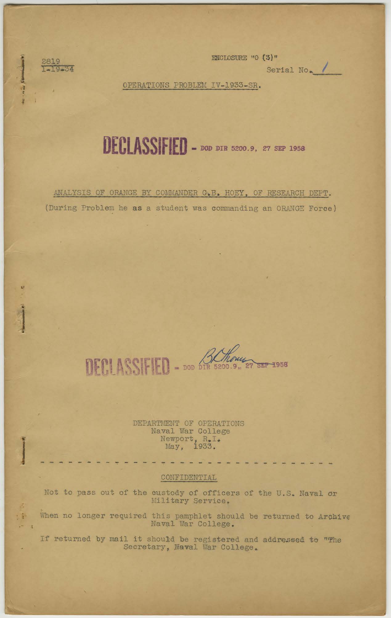 Operations Problem IV - 1933: Analysis of ORANGE by Commander G.B. Hoey