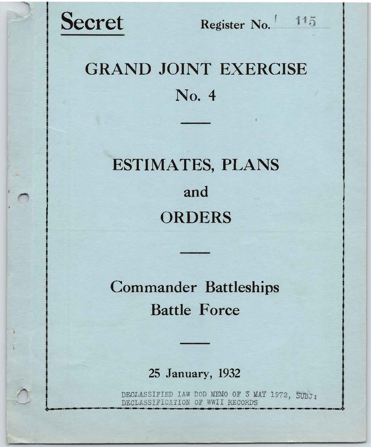 Grand Joint Exercise No. 4 Estimates, Plans and Orders: Commander Battleships Battle Force