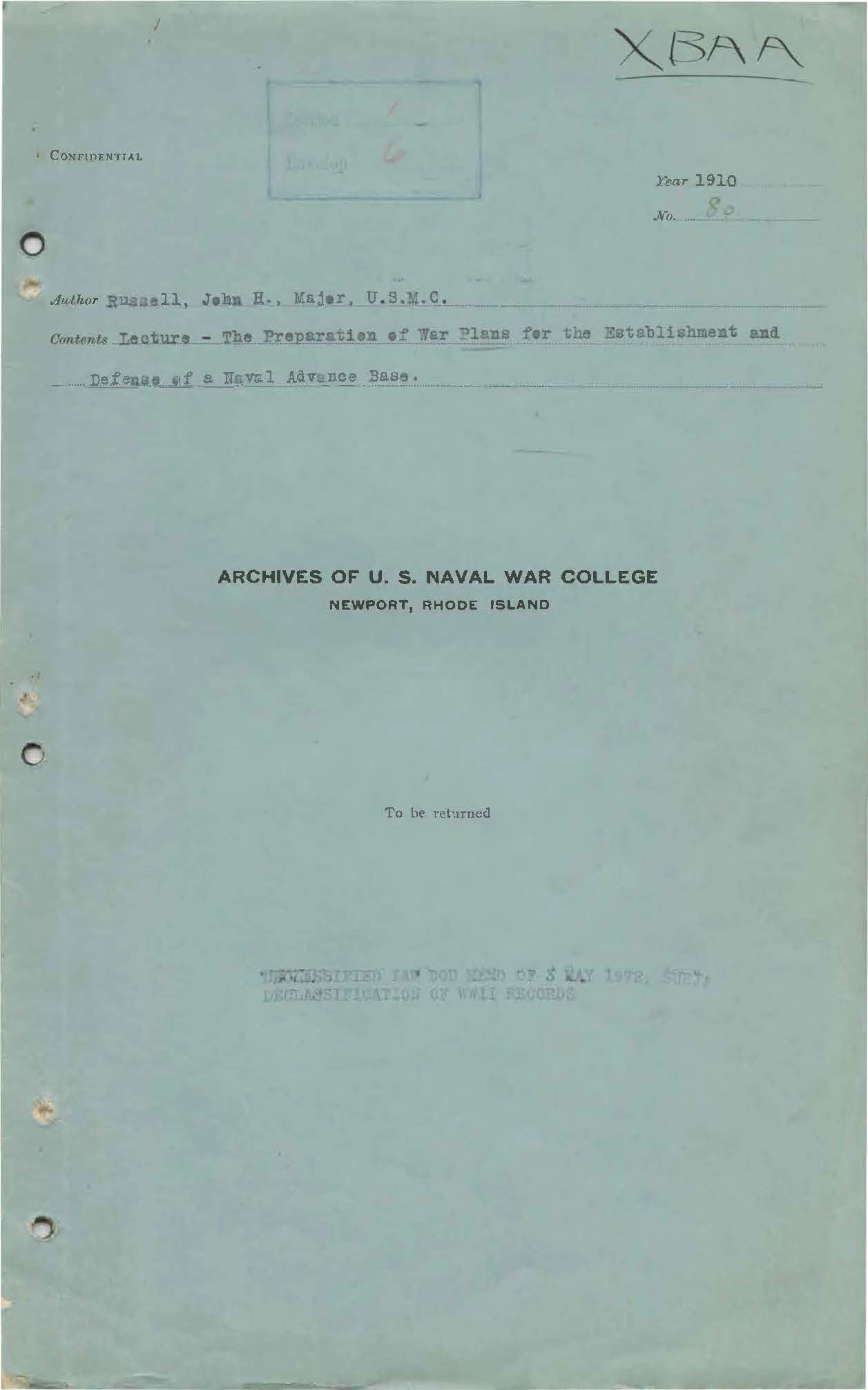 Preparation of War Plans for the Establishment and Defense of a Naval Advance Base, John H. Russell