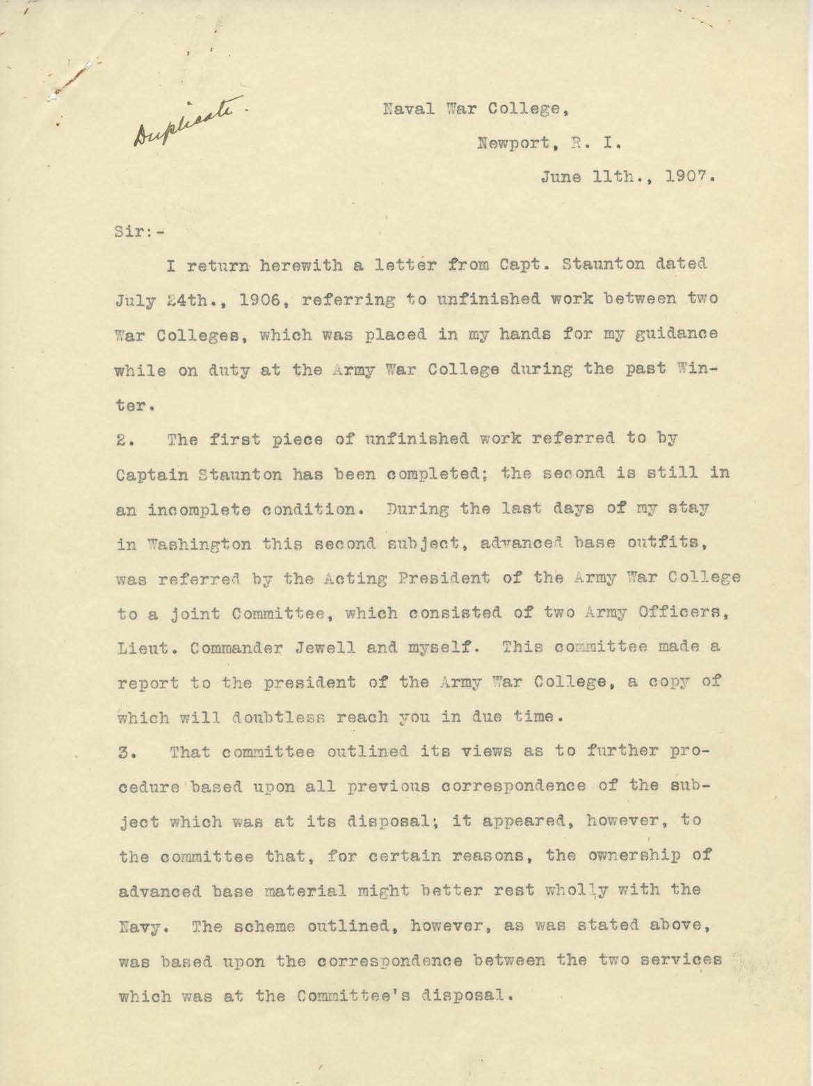 Letter from Harry S. Knapp to the President, Naval War College