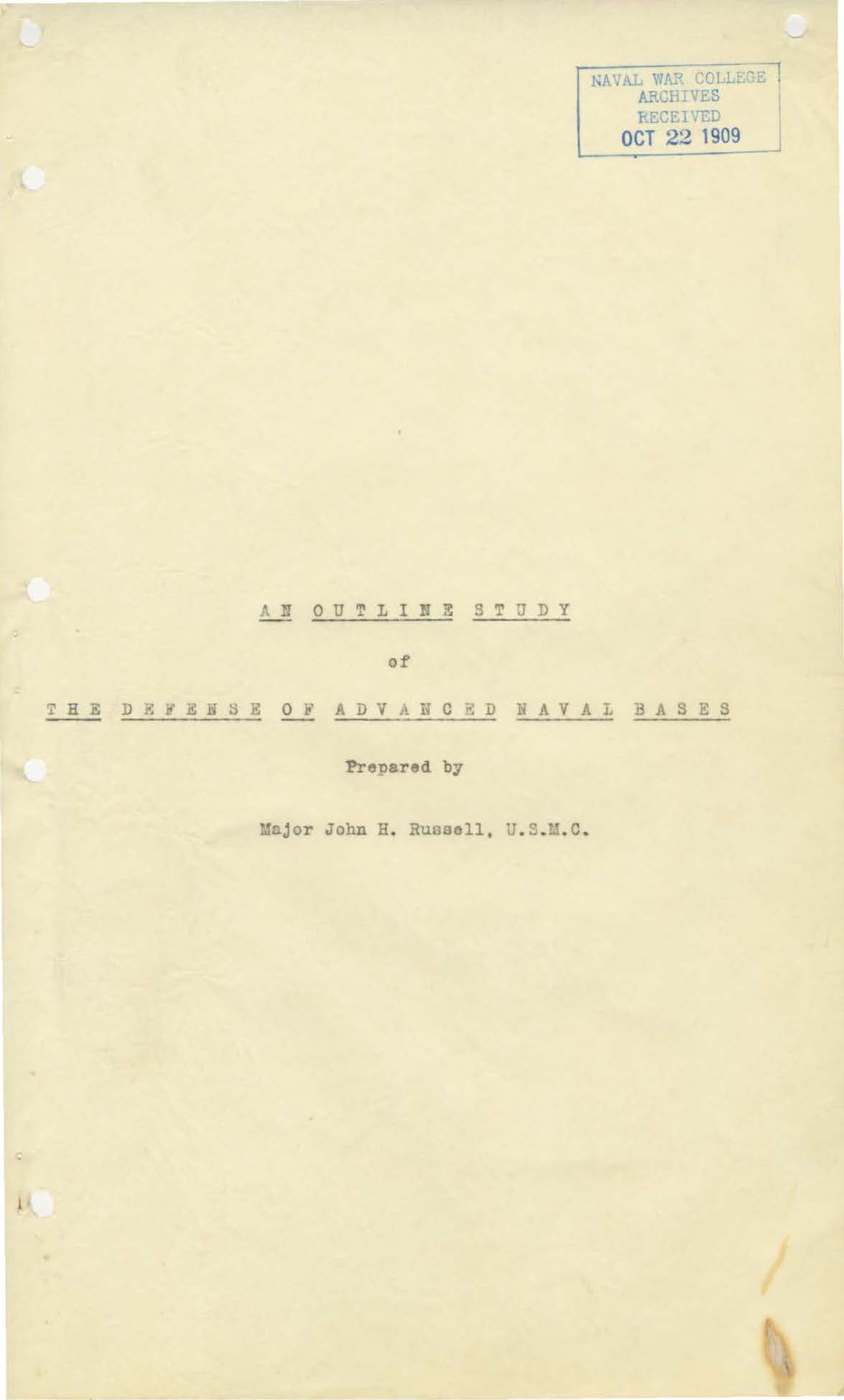 Outline Study of the Defense of Advanced Naval Bases, John H. Russell