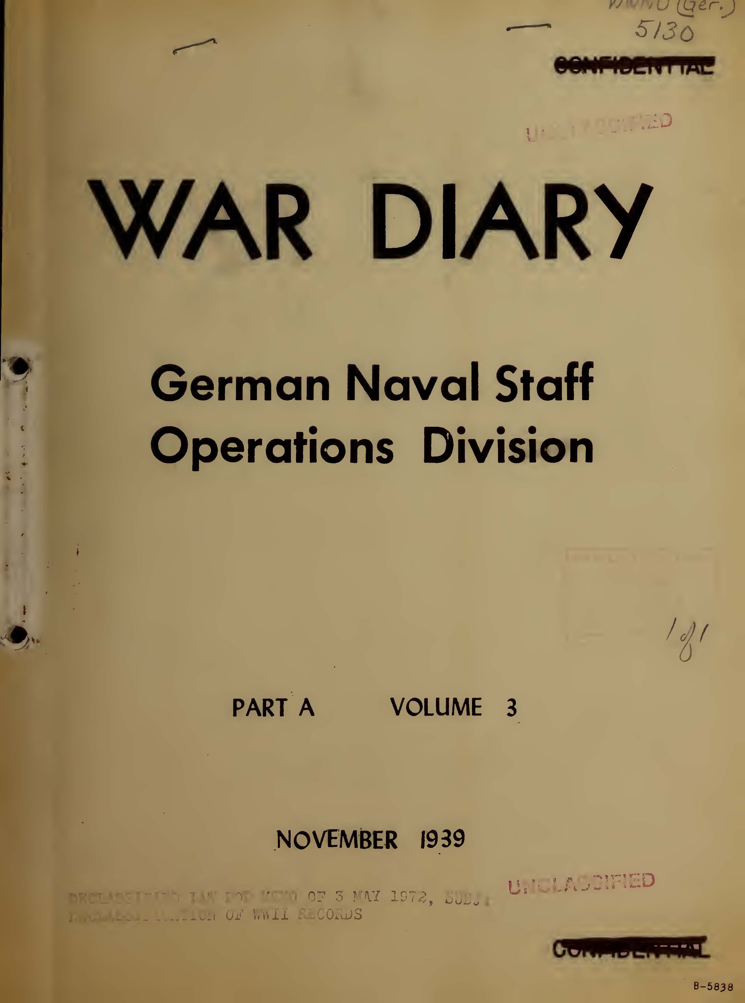 War Diary of German Naval Staff (Operations Division) Part A, Volume 3, November 1939