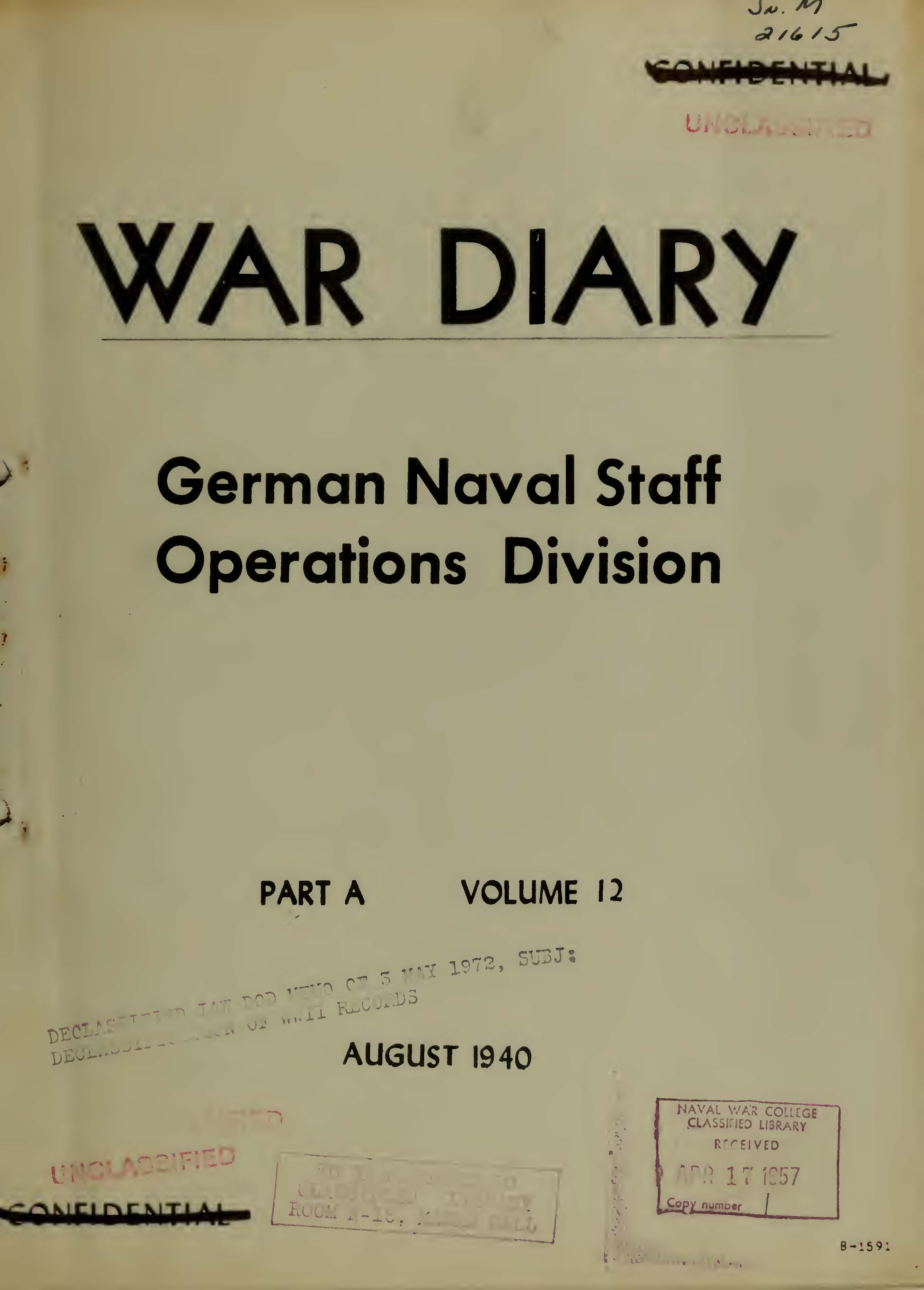 War Diary of German Naval Staff (Operations Division) Part A, Volume 12, August 1940