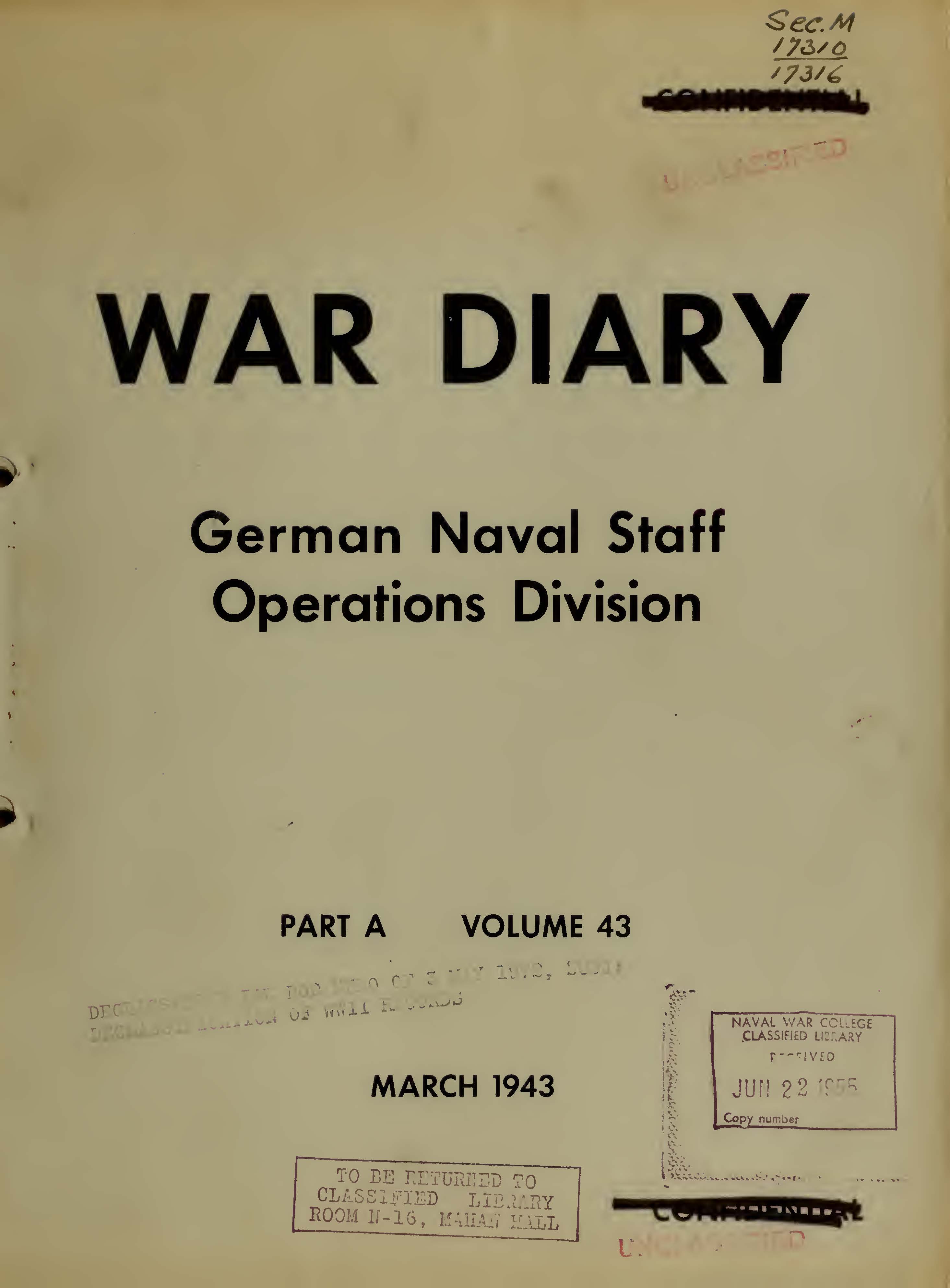War Diary of German Naval Staff (Operations Division) Part A, Volume 43, March 1943