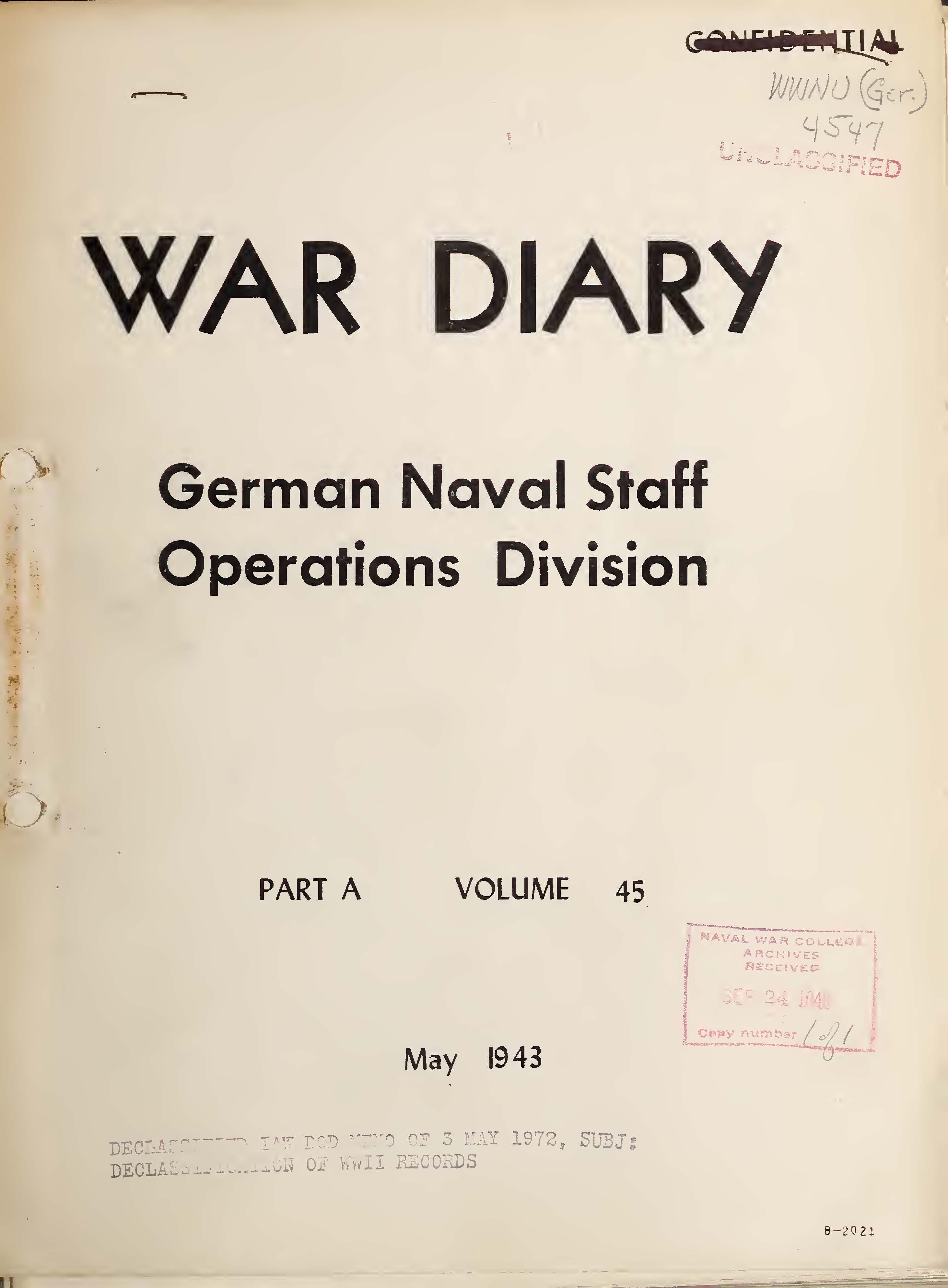 War Diary of German Naval Staff (Operations Division) Part A, Volume 45, May 1943