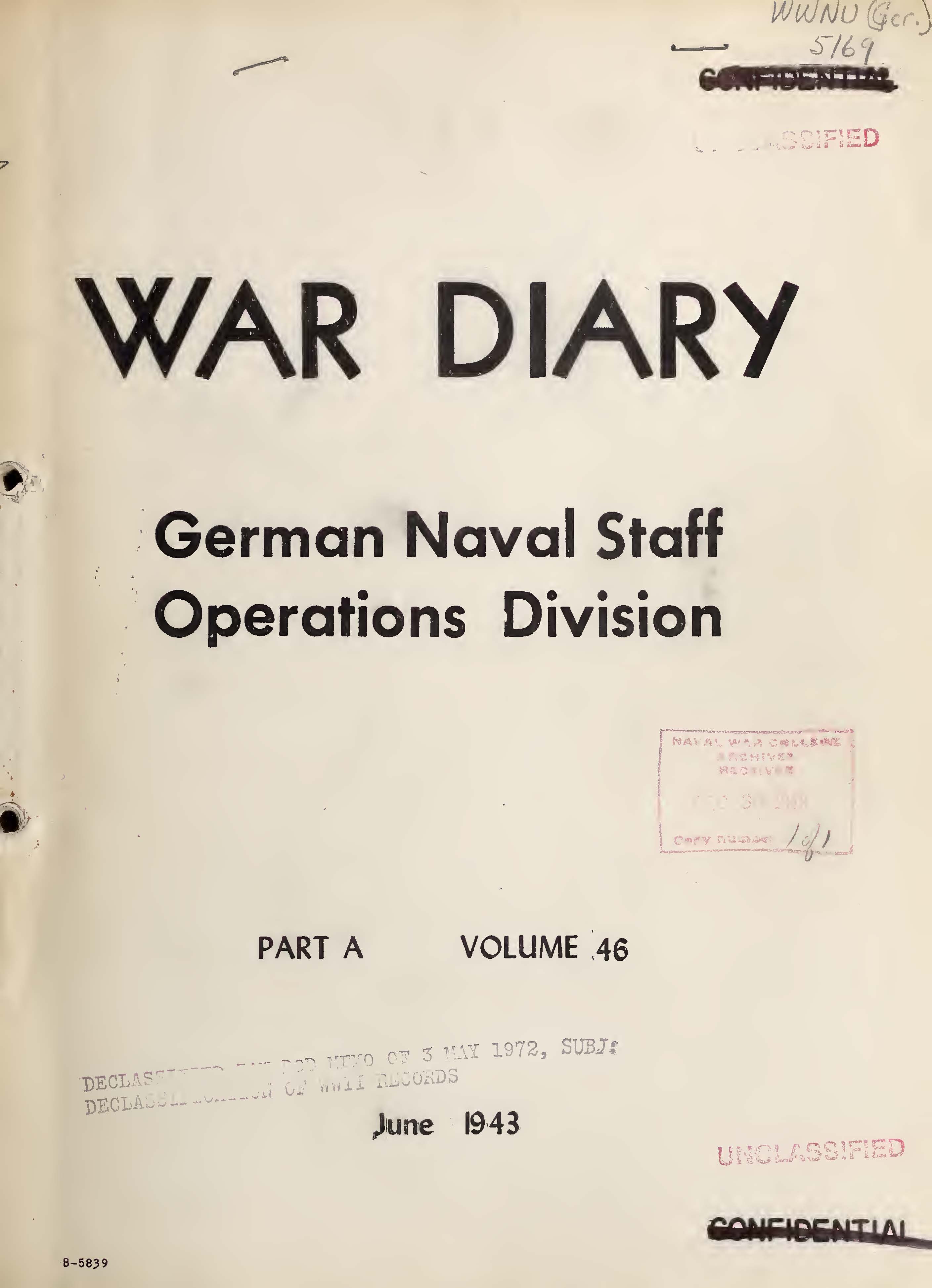 War Diary of German Naval Staff (Operations Division) Part A, Volume 46, June 1943