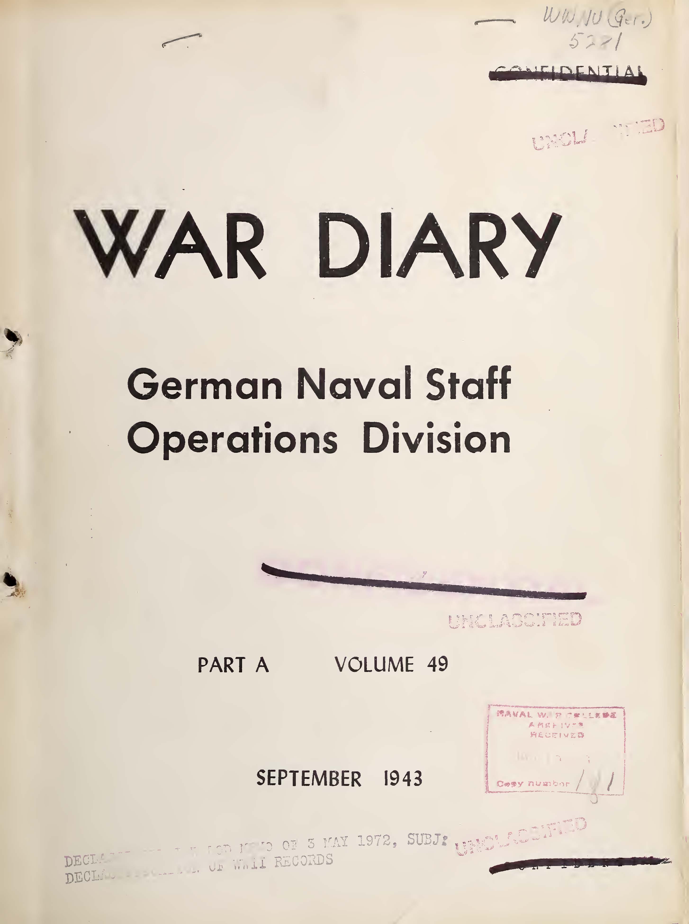 War Diary of German Naval Staff (Operations Division) Part A, Volume 49, September 1943