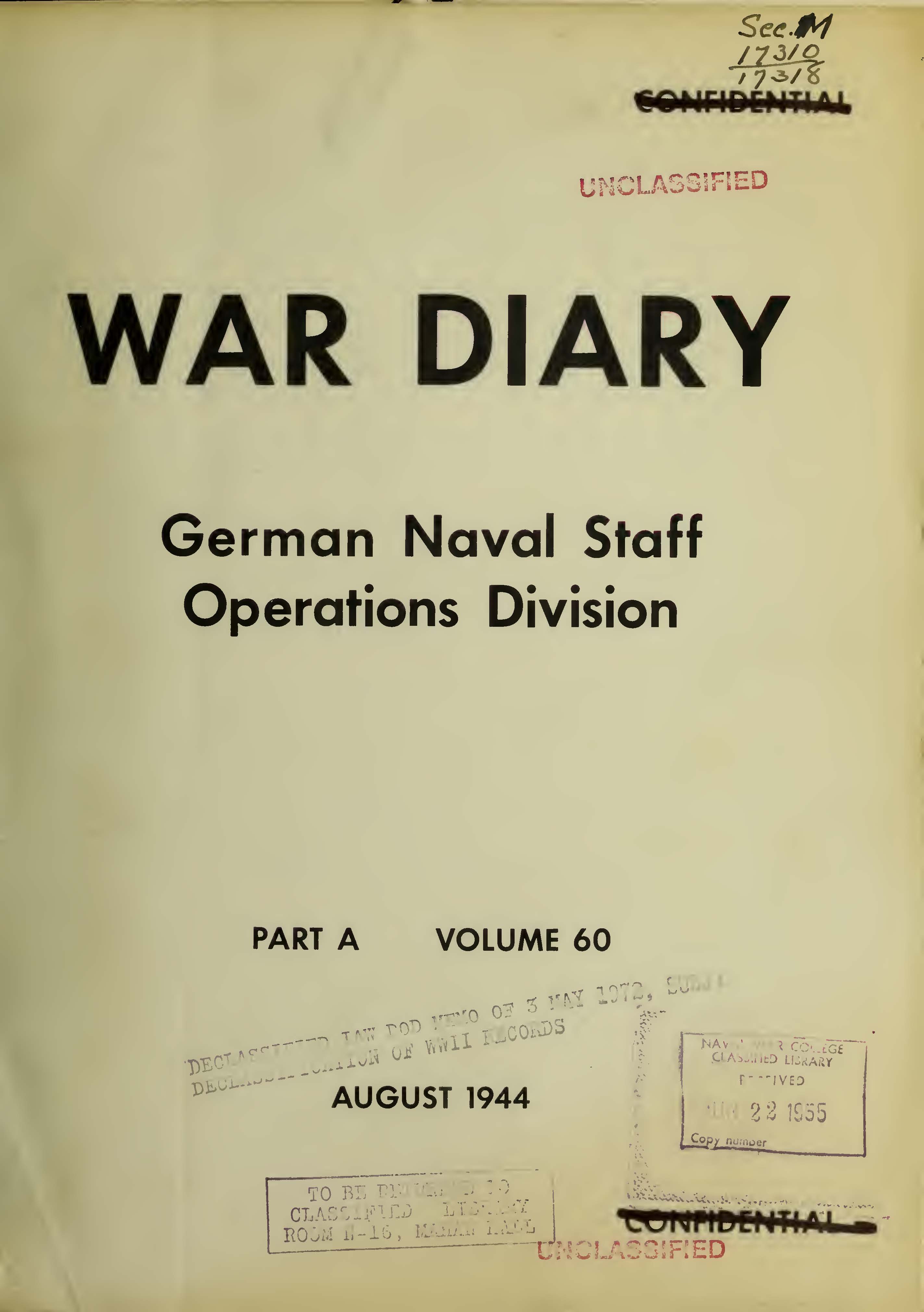 War Diary of German Naval Staff (Operations Division) Part A, Volume 60, August 1944