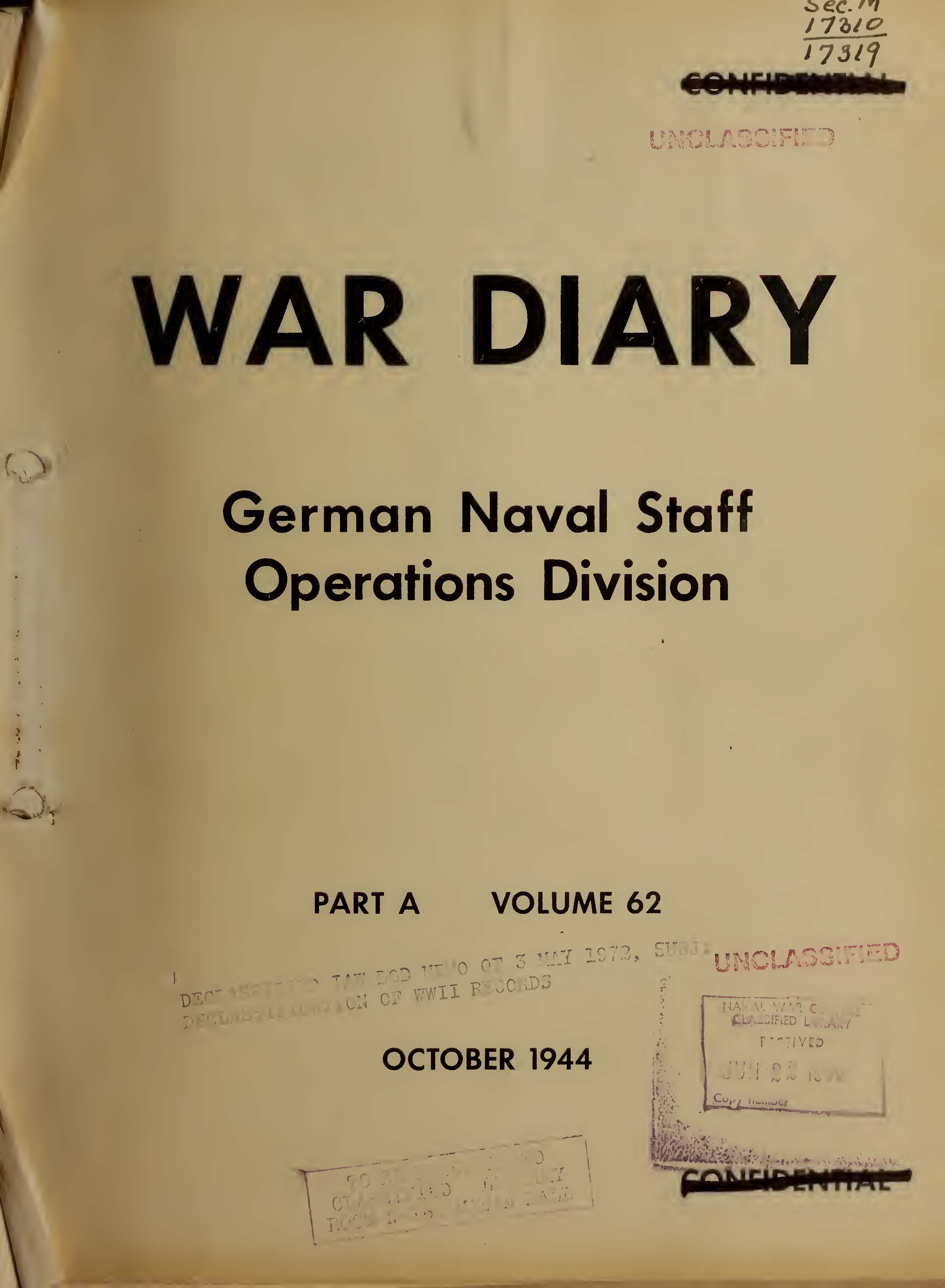 War Diary of German Naval Staff (Operations Division) Part A, Volume 62, October 1944