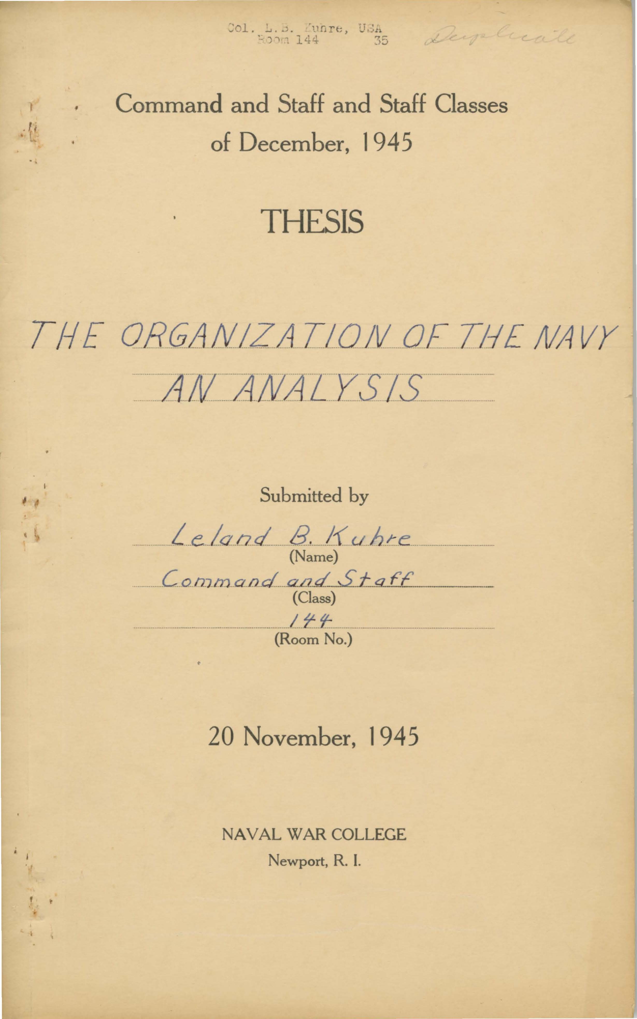 Organization of the Navy an Analysis, Leland B. Kuhre