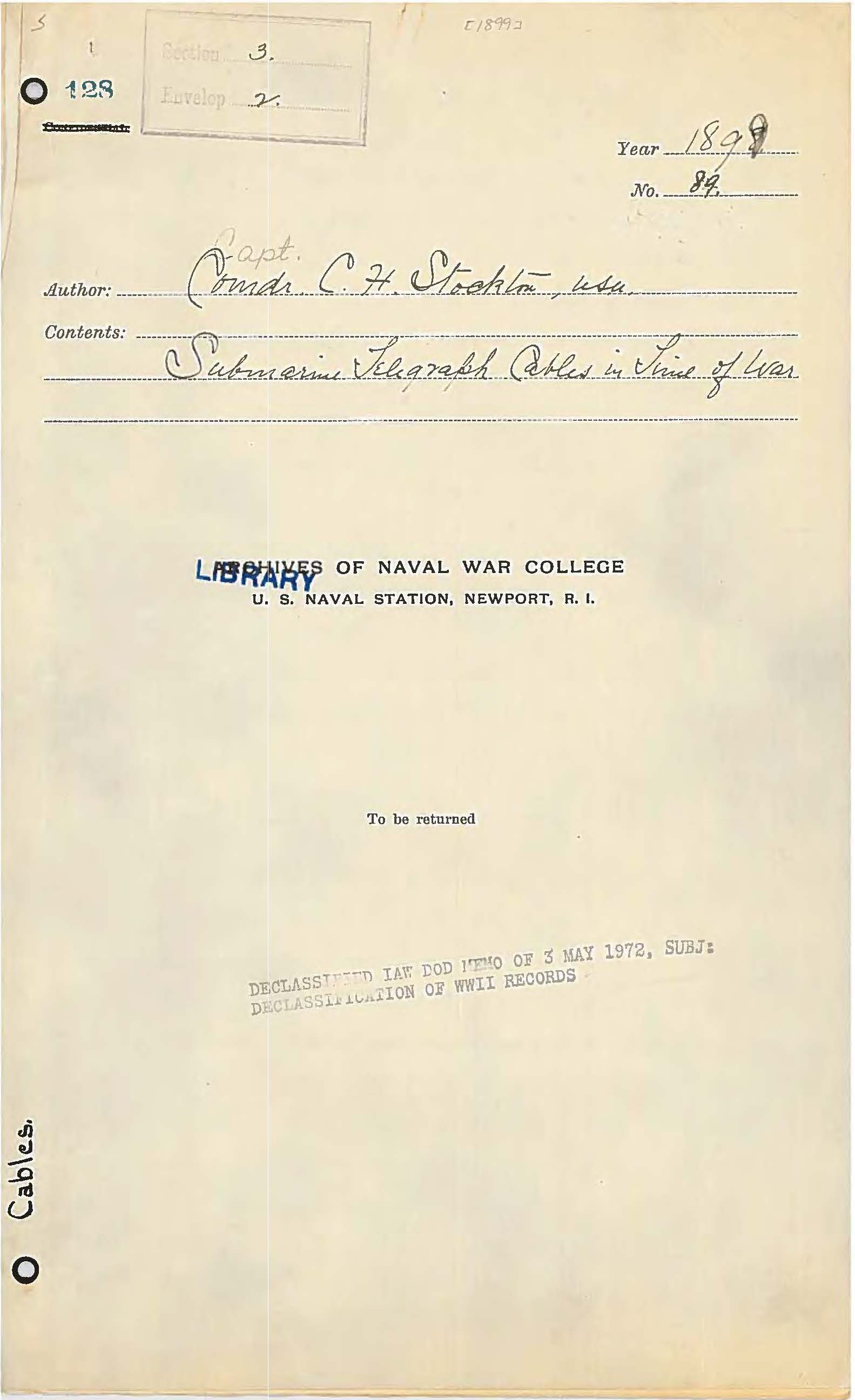 Submarine Telegraph Cables in Time of War, Charles H. Stockton
