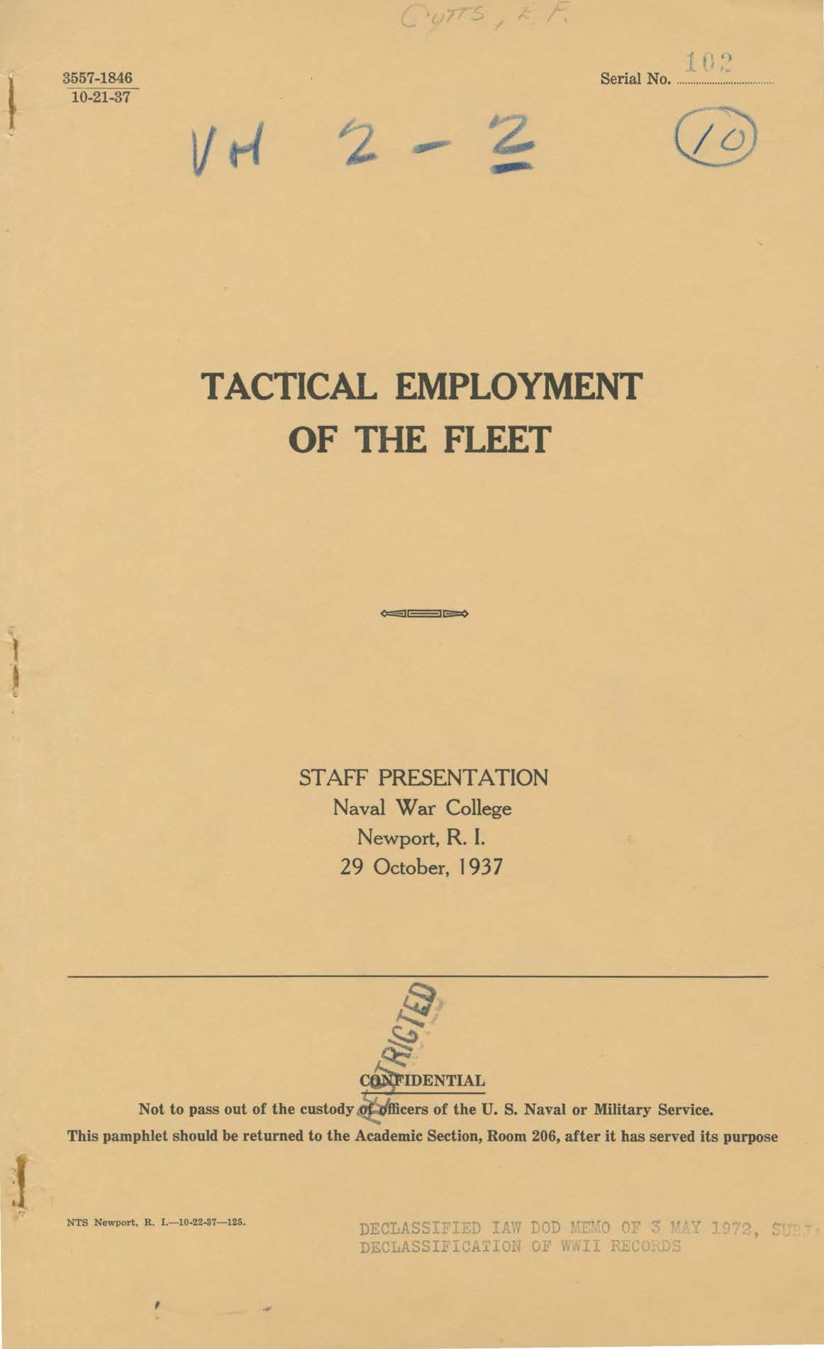 Tactical Employment of the Fleet, Elwin F. Cutts