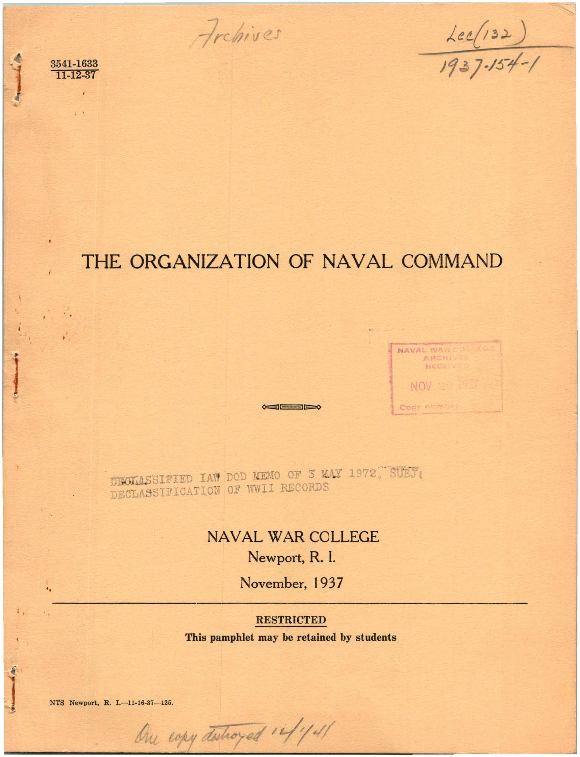 The Organization of Naval Command, by Richmond K. Turner