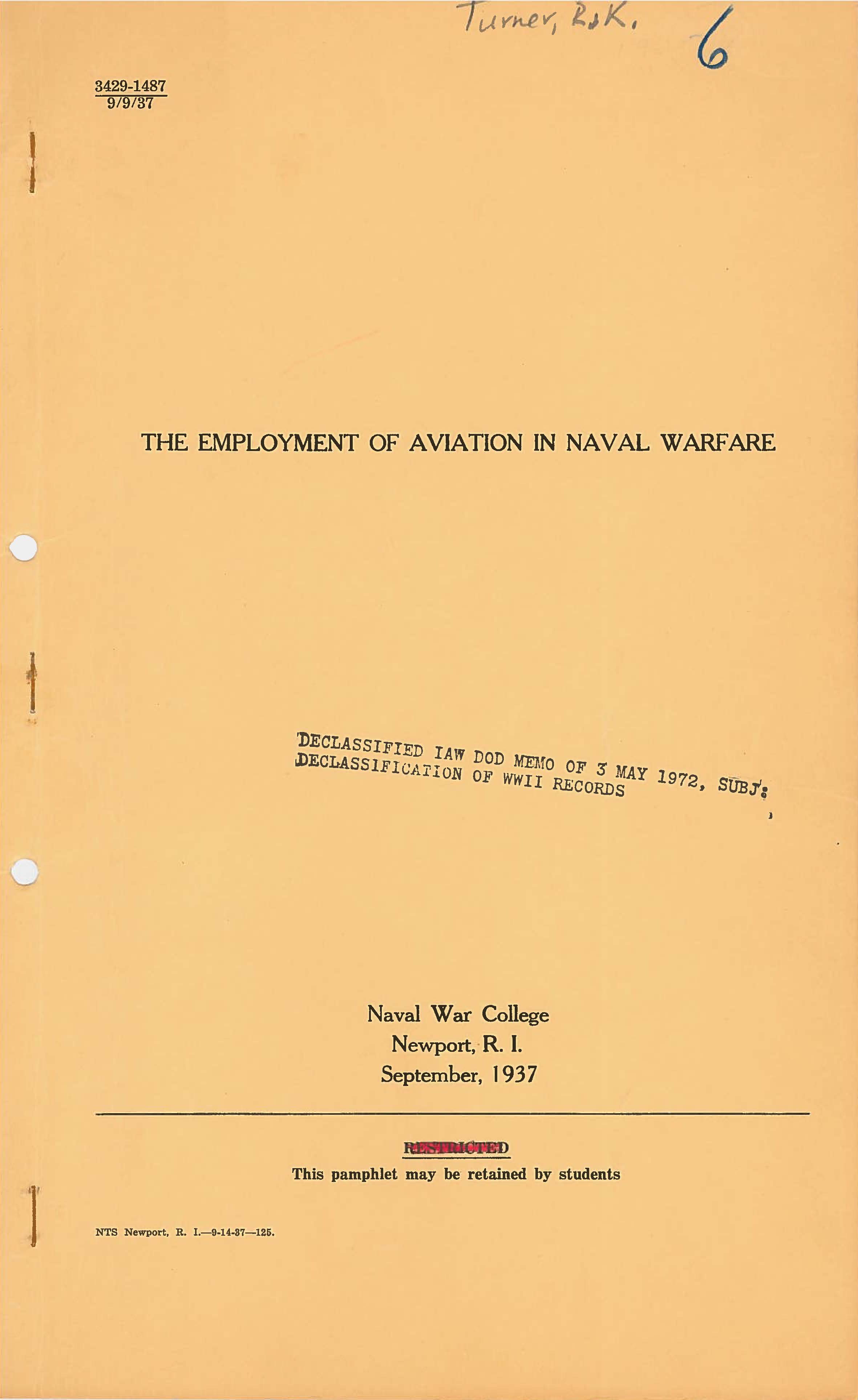Employment of Aviation in Naval Warfare, Richmond K. Turner