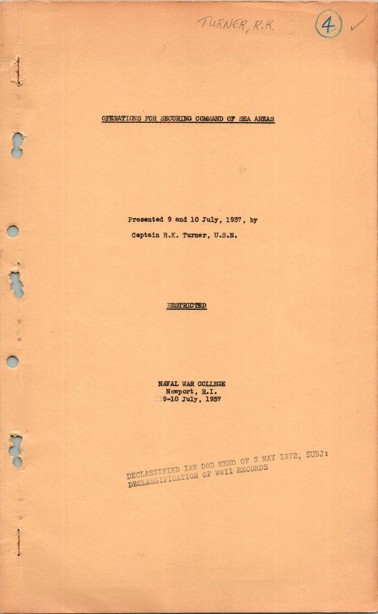 Operations for Security Command of Sea Areas, by Richmond K. Turner