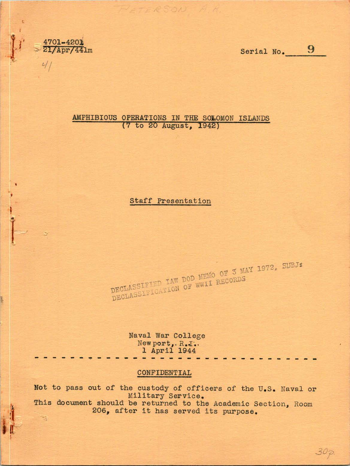 Amphibious Operations in the Solomon Islands (7 to 20 August, 1942), A. A. Peterson