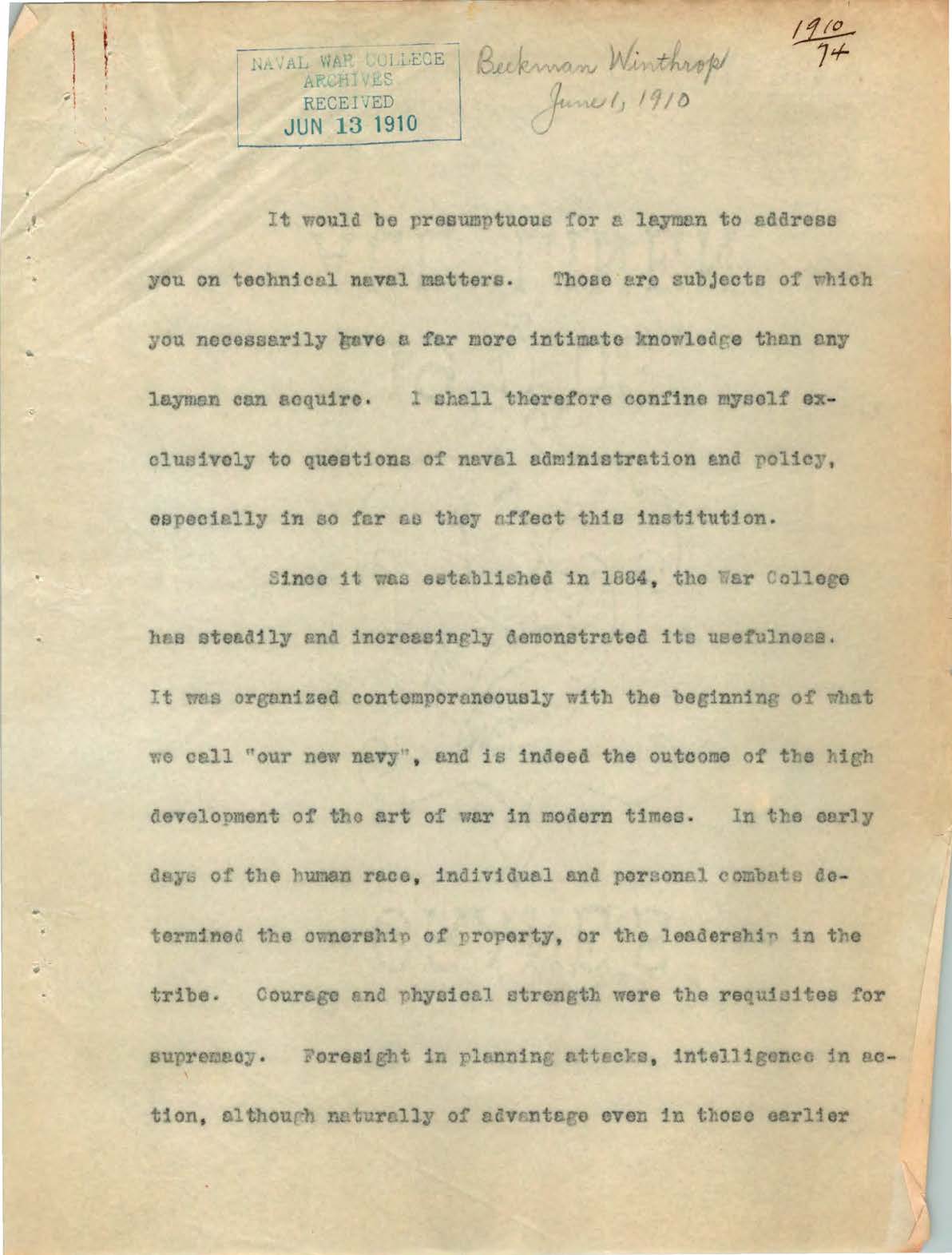 Untitled lecture on naval administration and policy, by Beekman Winthrop