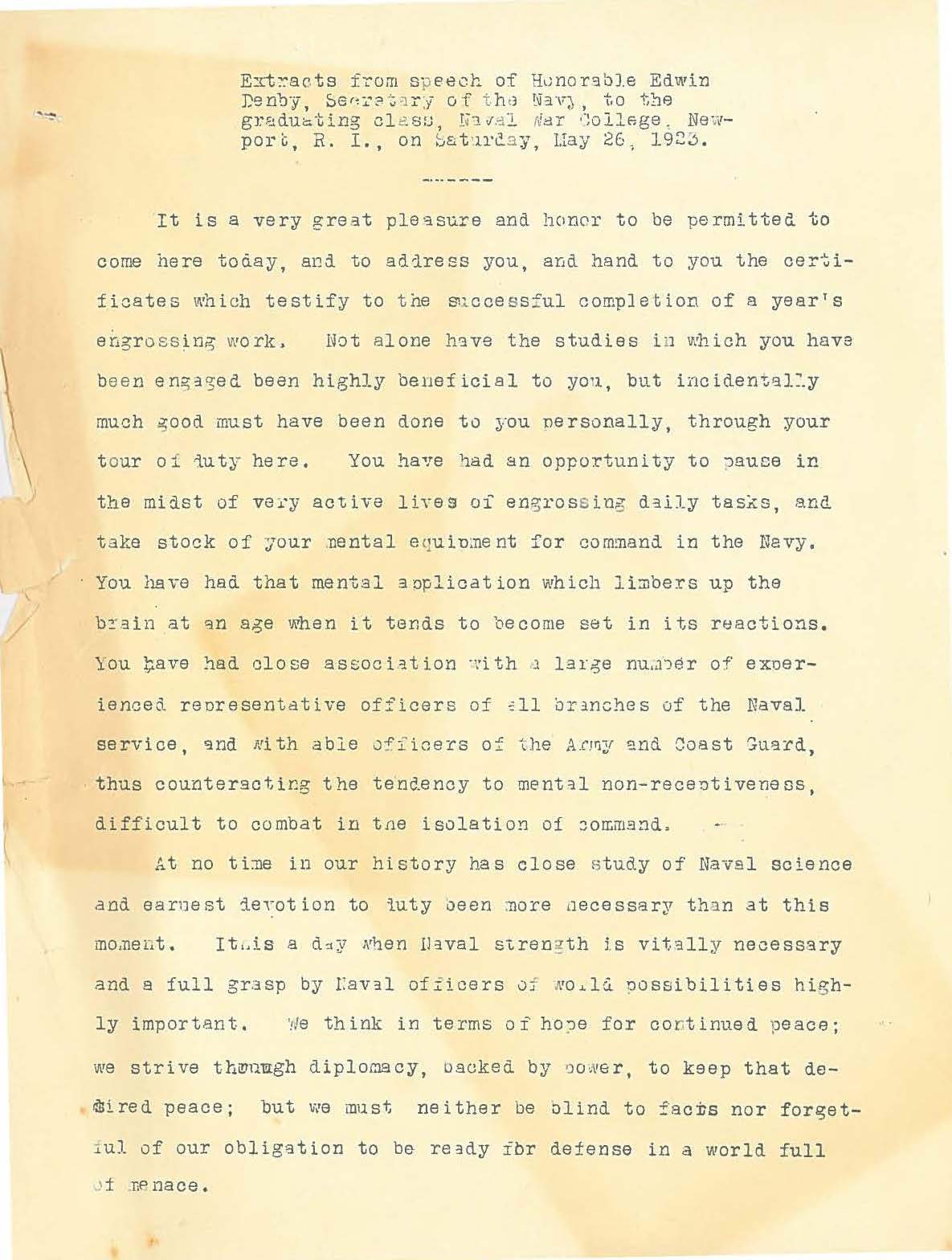 Extracts from speech to graduating class of 1923, Edwin  Denby