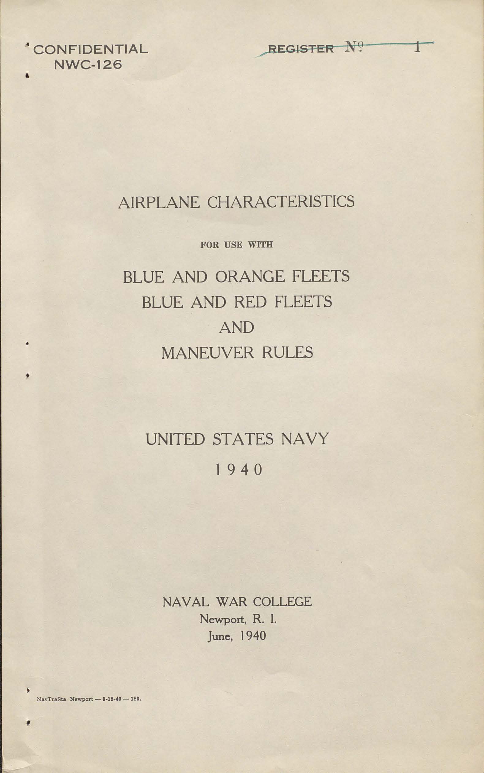 Airplane Characteristics for use with Blue and Orange Fleets, Blue and Red Fleets, and Maneuver Rules